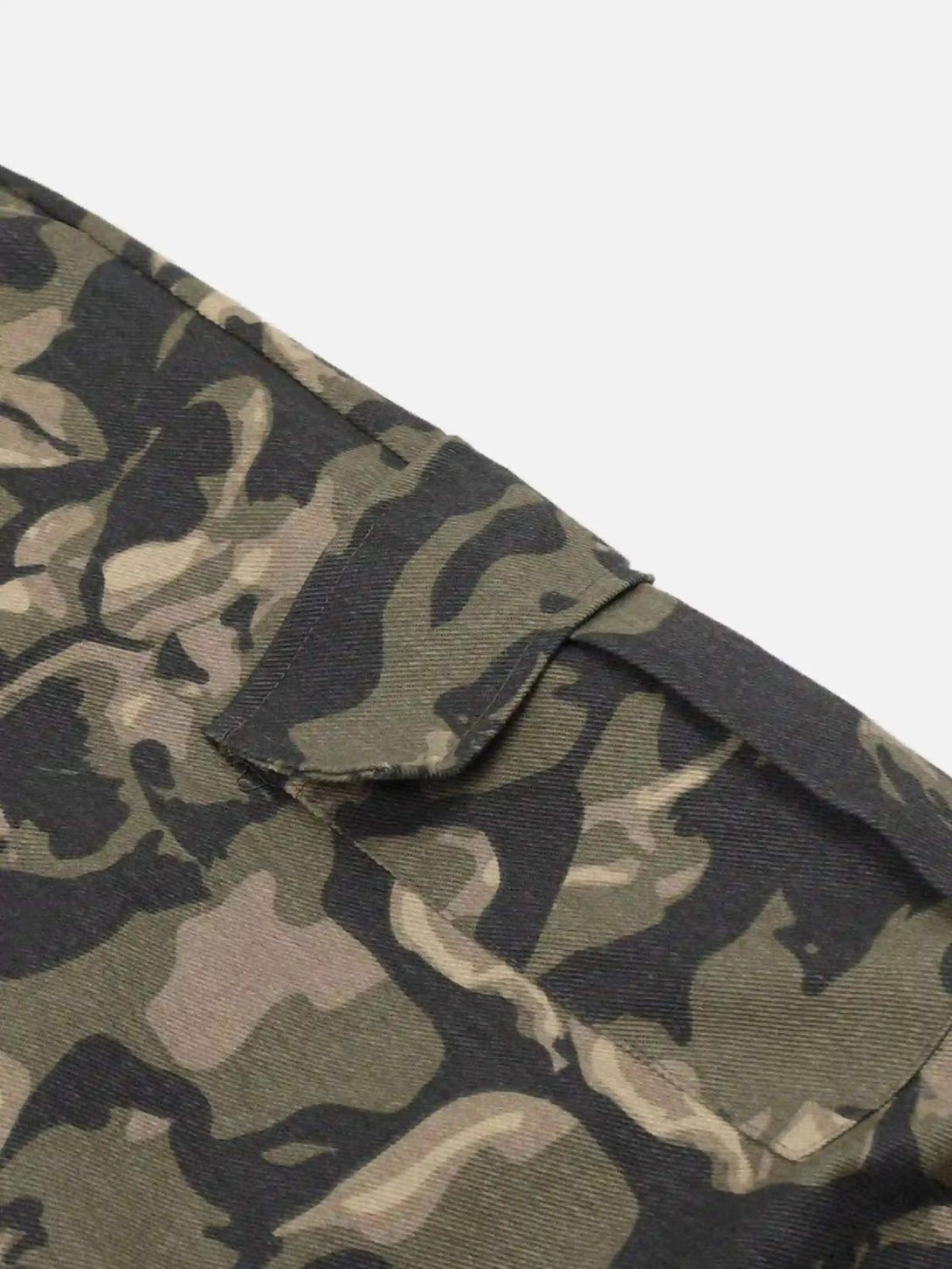 A close-up of TALISHKO camouflage work pants highlighting the pocket detail and rugged design.