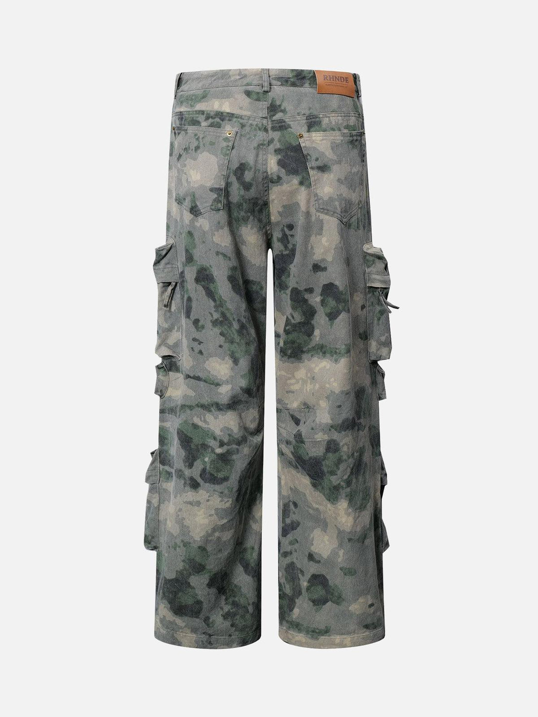 Back view of camouflage cargo pants by TALISHKO, showcasing multiple pockets and rugged style.