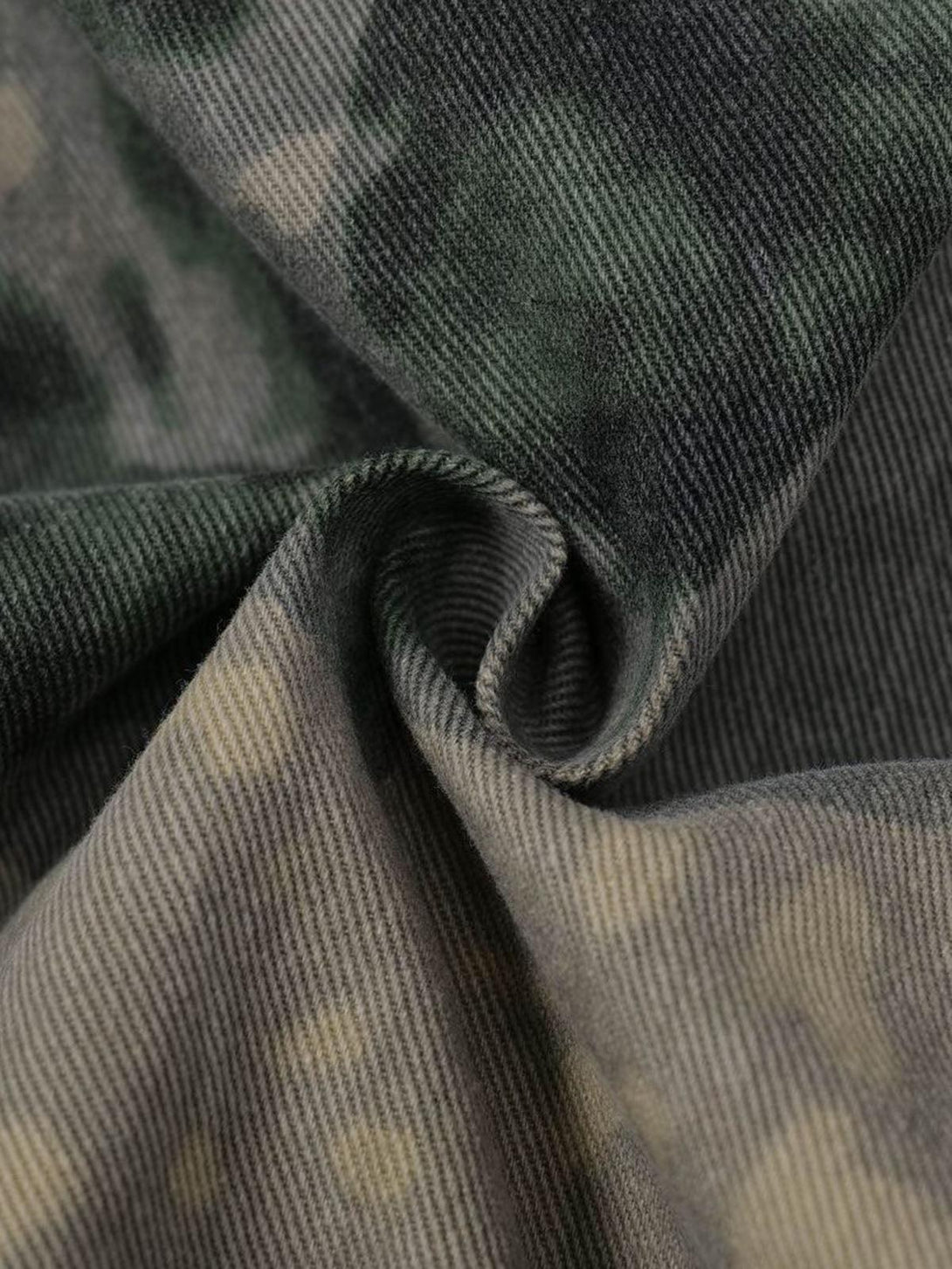 Texture and pattern showcased on TALISHKO cargo pants, emphasizing the camouflage fabric.