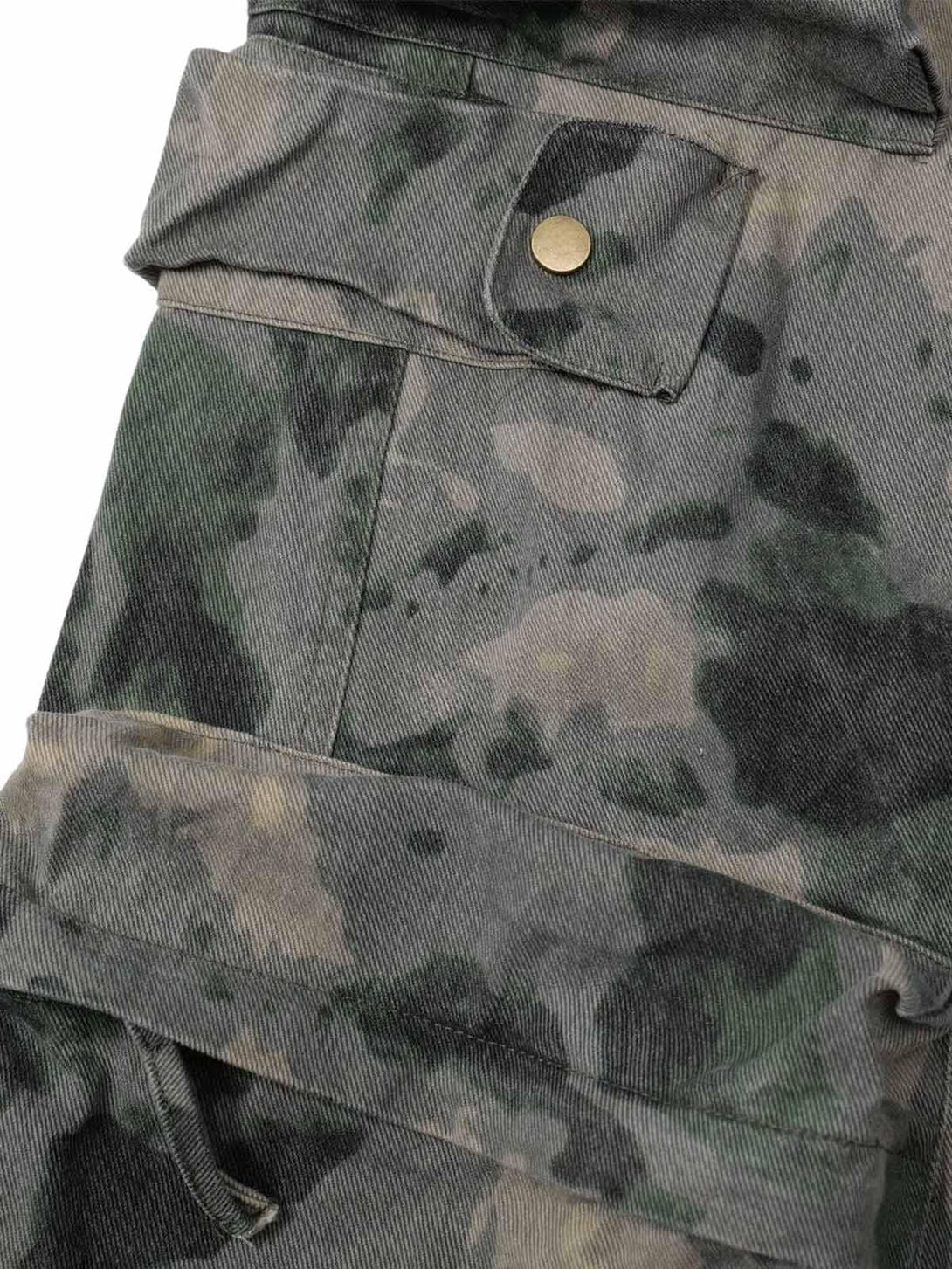 Intricate look at TALISHKO cargo pants, focusing on the camouflage pattern and pocket detail.