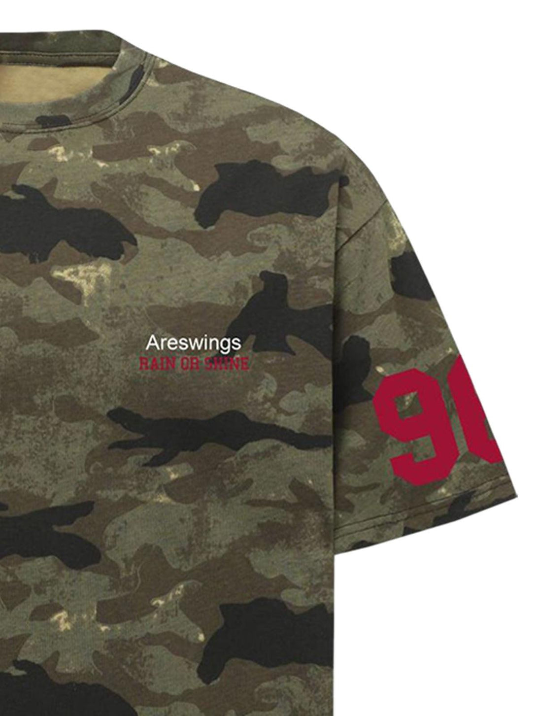 A detailed view of TALISHKO camouflage T-shirt, highlighting the "Areswings" text and red "96" print.