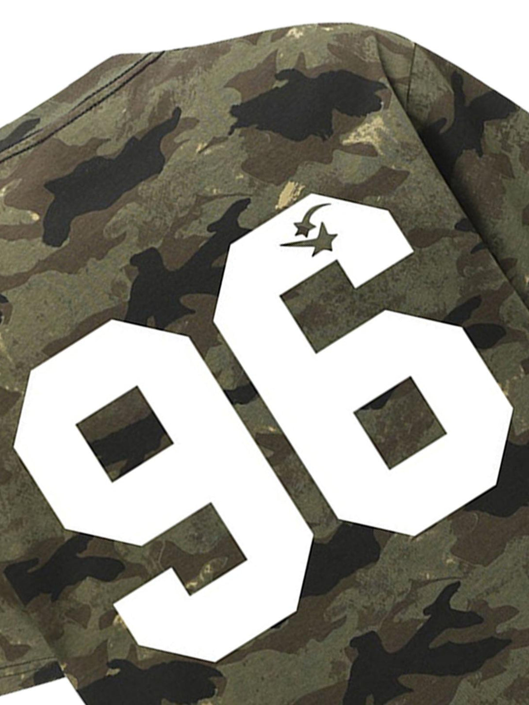 Close-up of TALISHKO camouflage T-shirt, featuring a bold white "96" print with star detail.