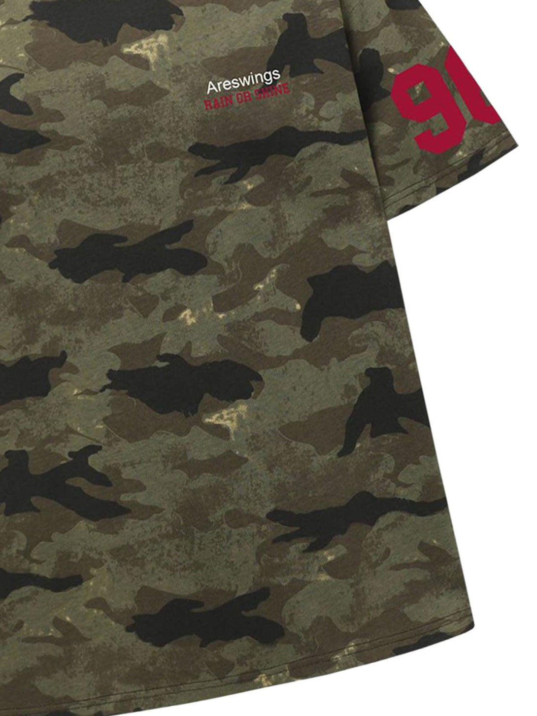 Close-up of TALISHKO camouflage T-shirt, focusing on the "Areswings" text and red sleeve detail.