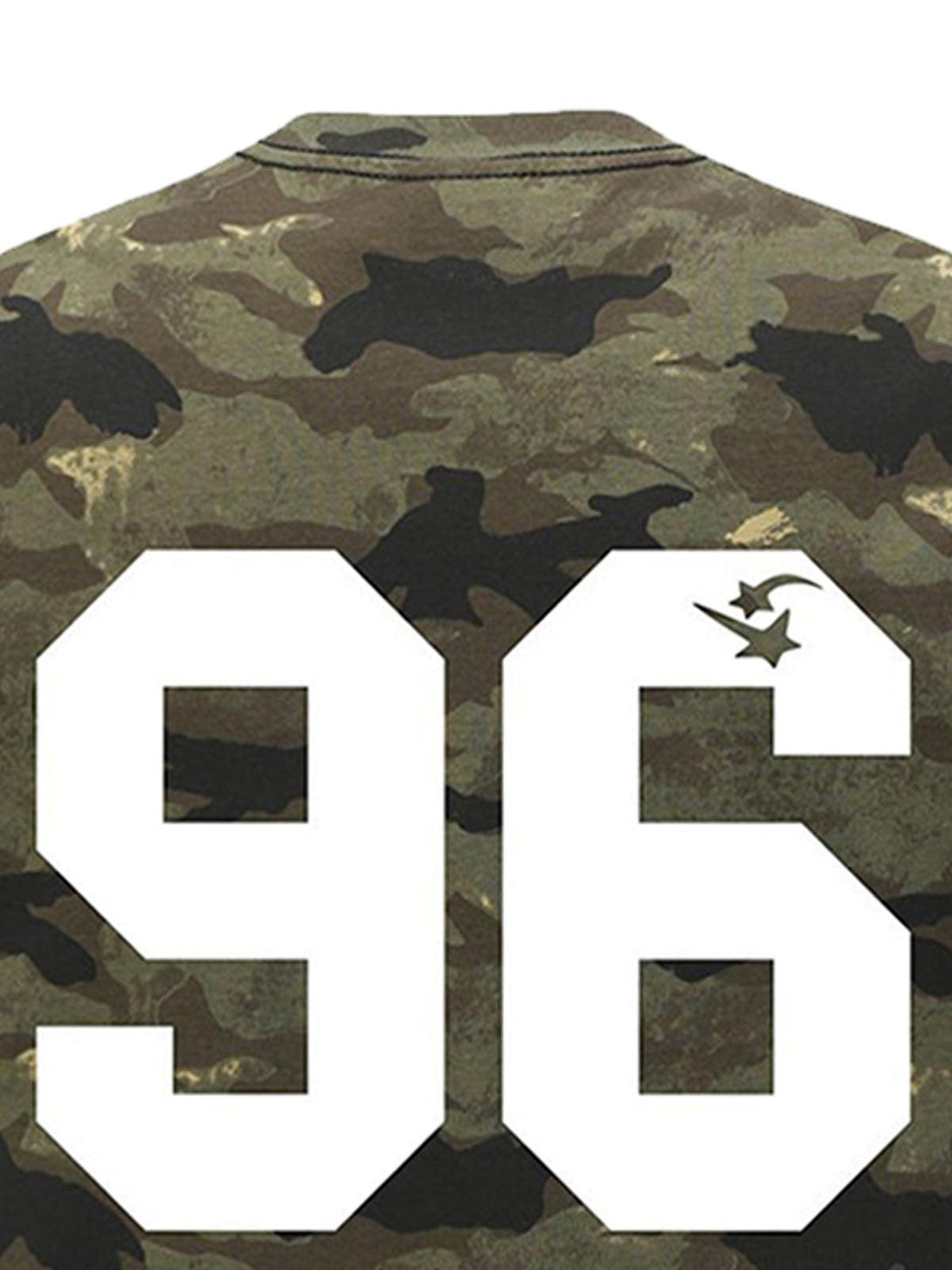 Back view of TALISHKO camouflage T-shirt, showcasing bold white "96" print with star detail.