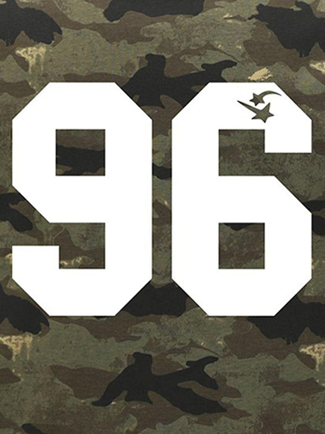 A close-up of TALISHKO camouflage T-shirt highlighting the white "96" print with star detail.