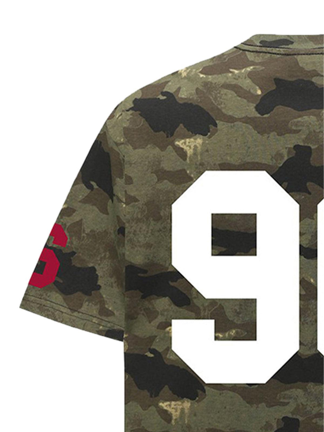 Zoomed-in look at TALISHKO camouflage T-shirt, highlighting the bold white "96" print detail.