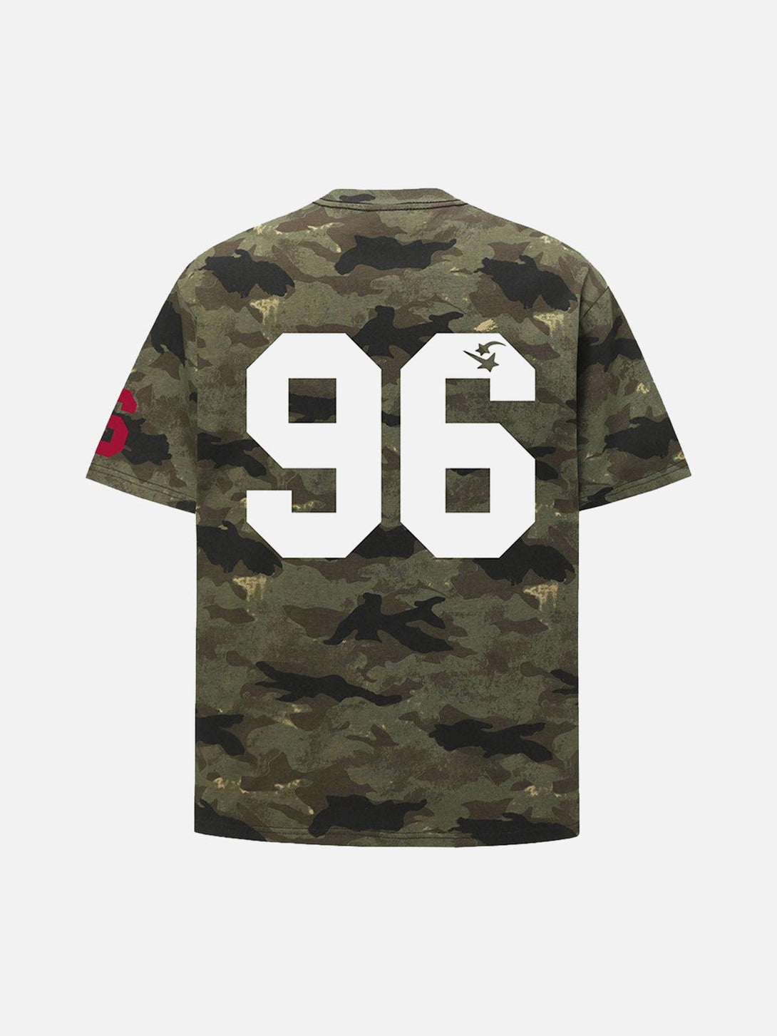 Back view of TALISHKO camouflage T-shirt featuring a bold white "96" print for a casual vibe.