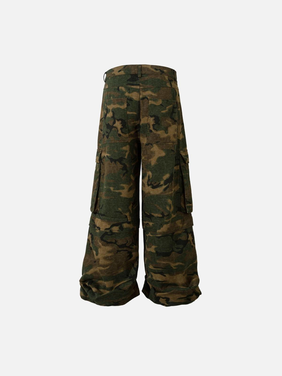 Back view of TALISHKO camouflage oversize denim cargo pants, highlighting rugged design.
