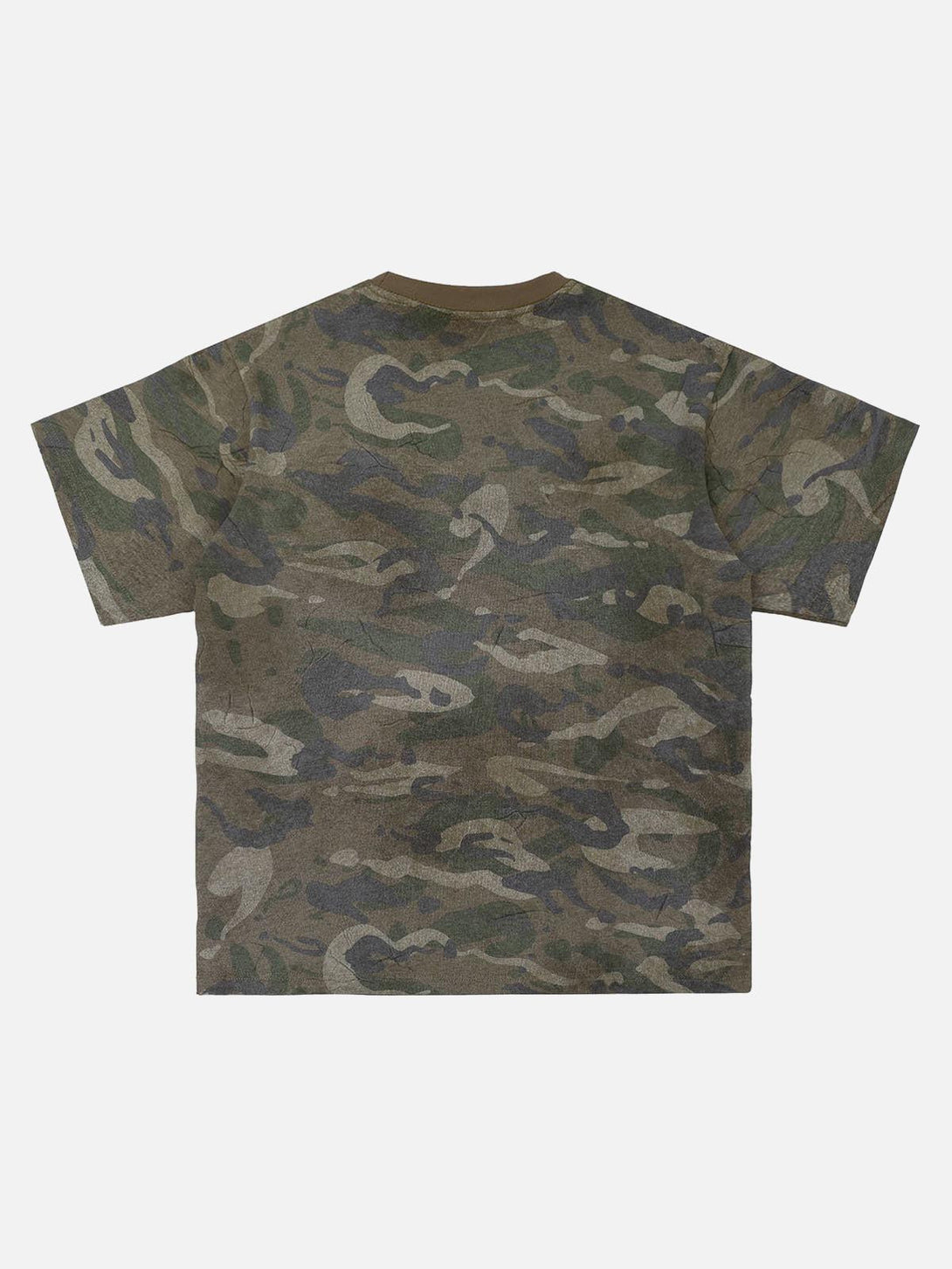 Back view of TALISHKO camouflage patchwork T-shirt, ideal for a laid-back summer look.