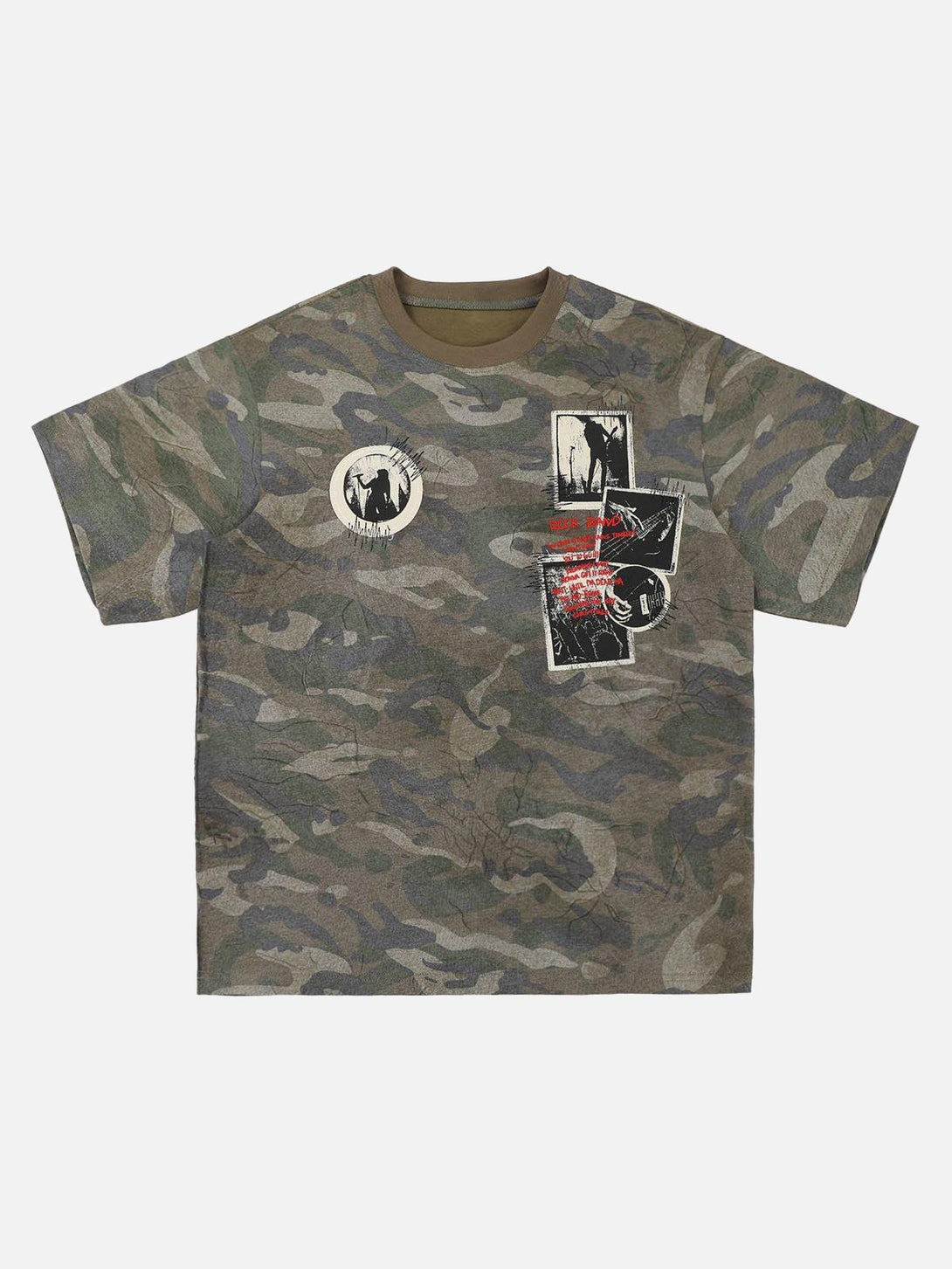 TALISHKO camouflage patchwork graphic T-shirt, showcasing front design with unique graphic patches.