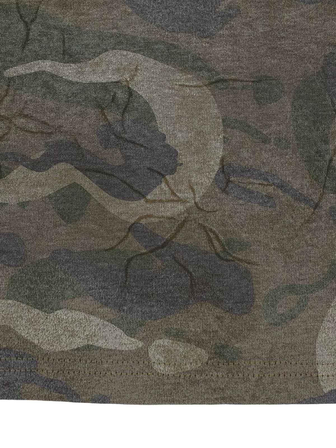 Texture and pattern showcased on TALISHKO's camouflage patchwork graphic T-shirt fabric.