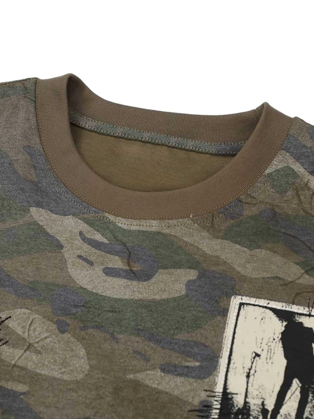 A tight crop highlighting the camouflage pattern and neckline of a TALISHKO graphic T-shirt.