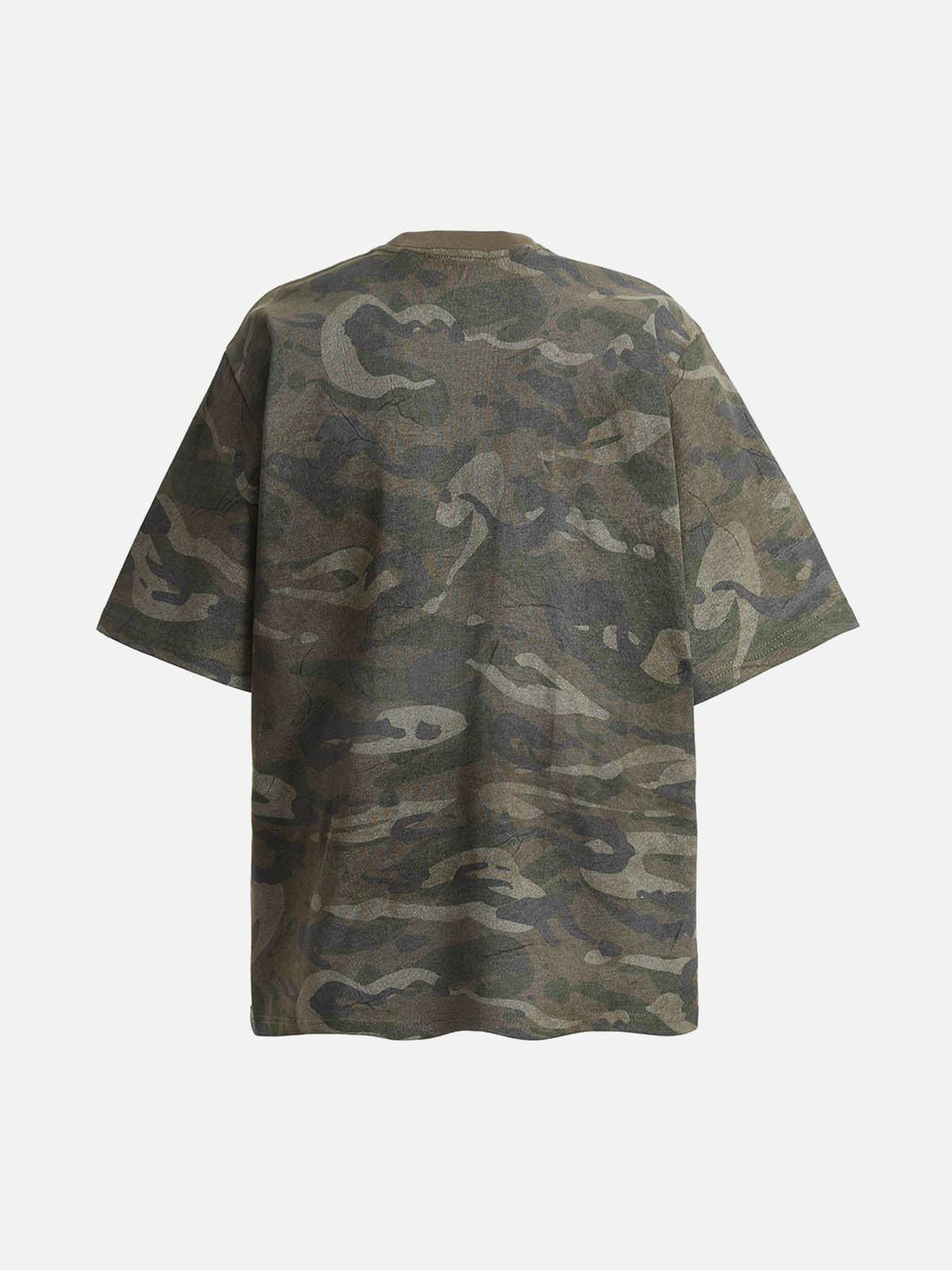 Back view of TALISHKO camouflage patchwork graphic T-shirt, offering a relaxed, casual vibe.