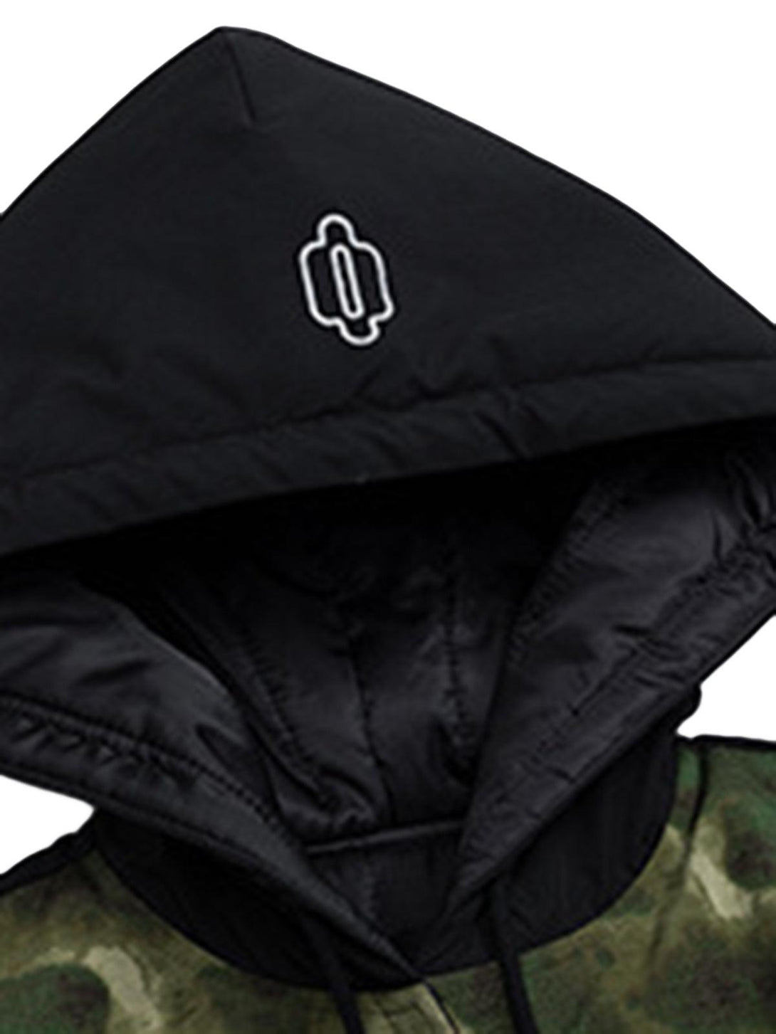 Intricate look at the TALISHKO hooded jacket's black hood and stitching details with camouflage pattern.