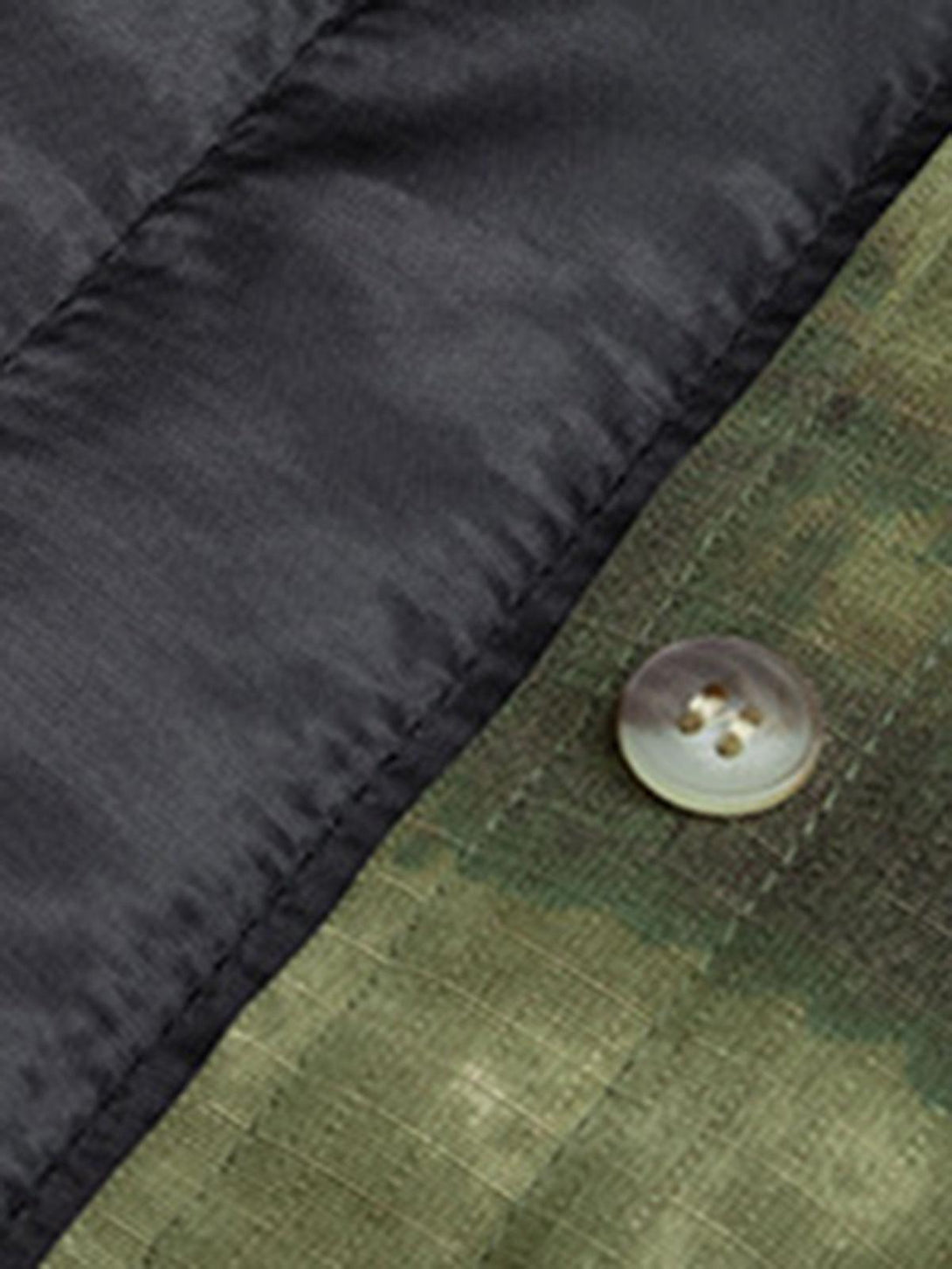 Focusing on the TALISHKO jacket's button and fabric texture, blending camouflage with sleek black.