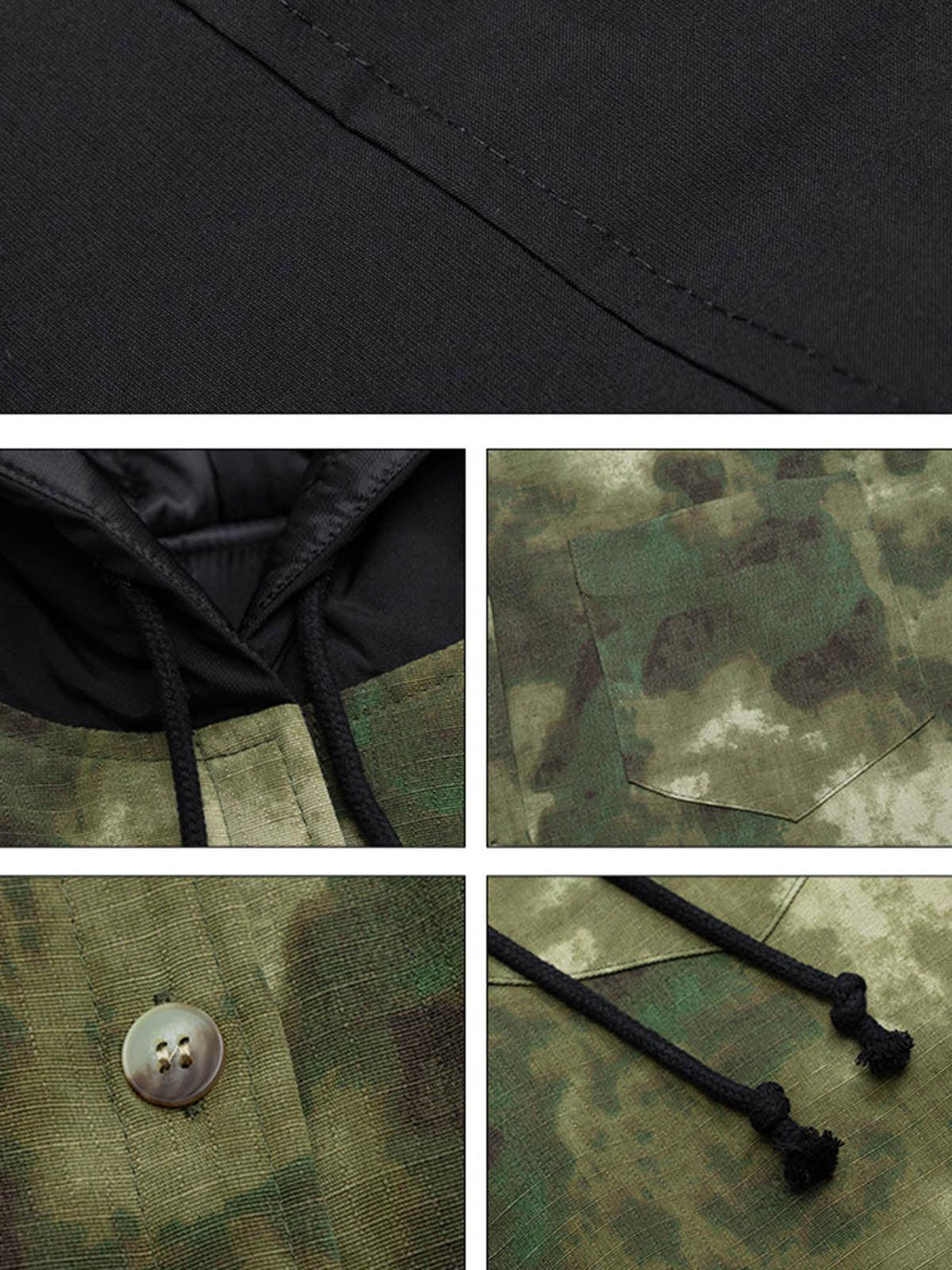 Detailed fabric and drawstring focus on TALISHKO's camouflage hooded jacket, highlighting rugged design.