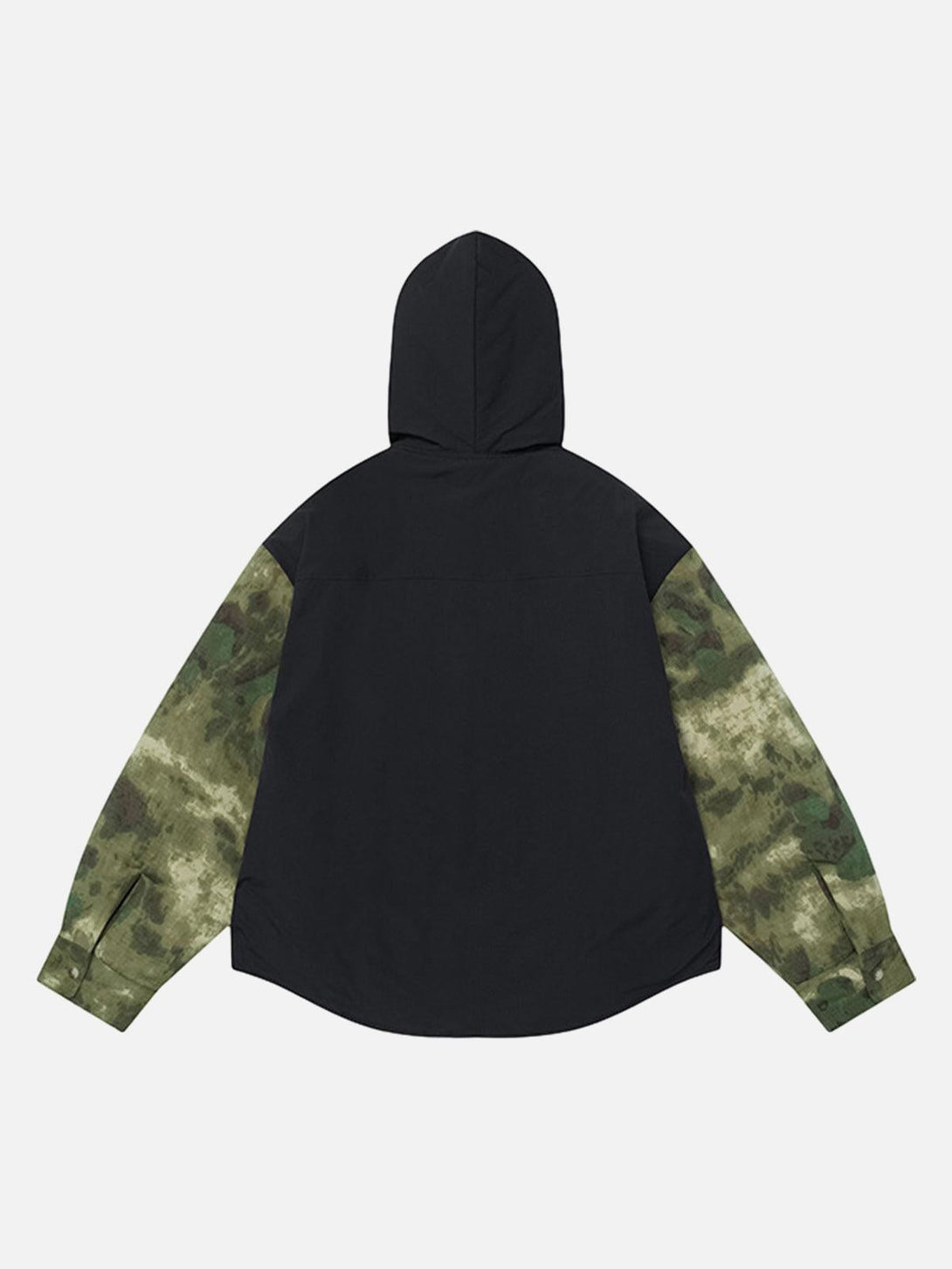 Back view of TALISHKO's camouflage patchwork hooded jacket, highlighting its unique sleeves.