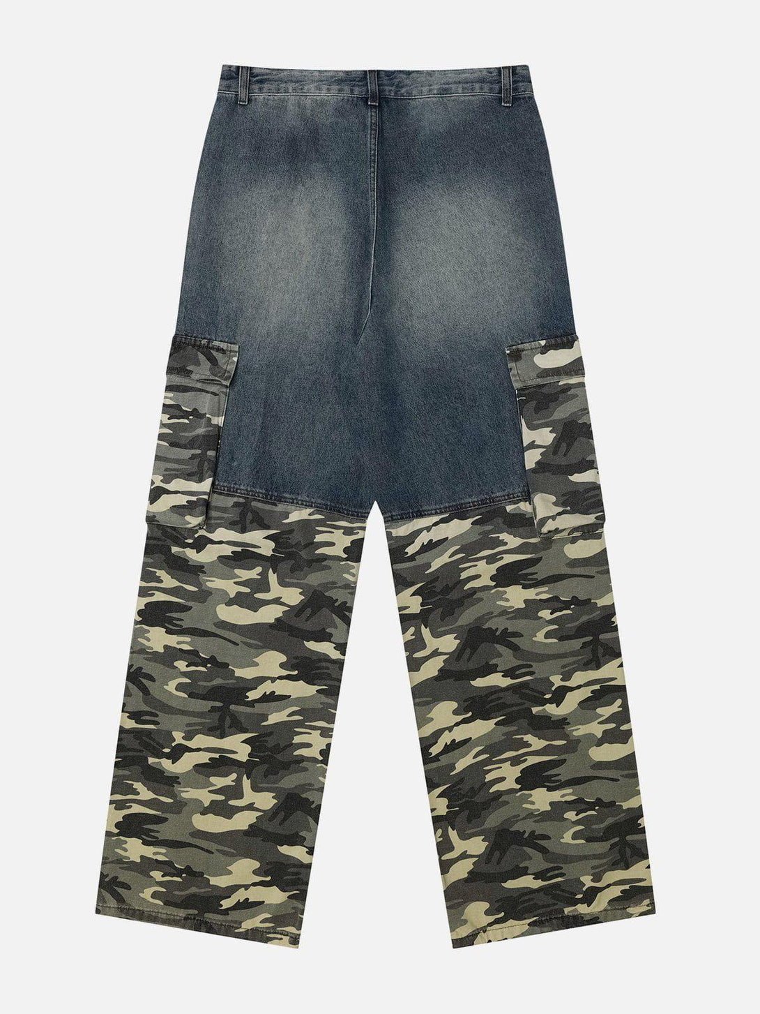 Back view of TALISHKO camouflage patchwork jeans, blending denim and camo patterns.