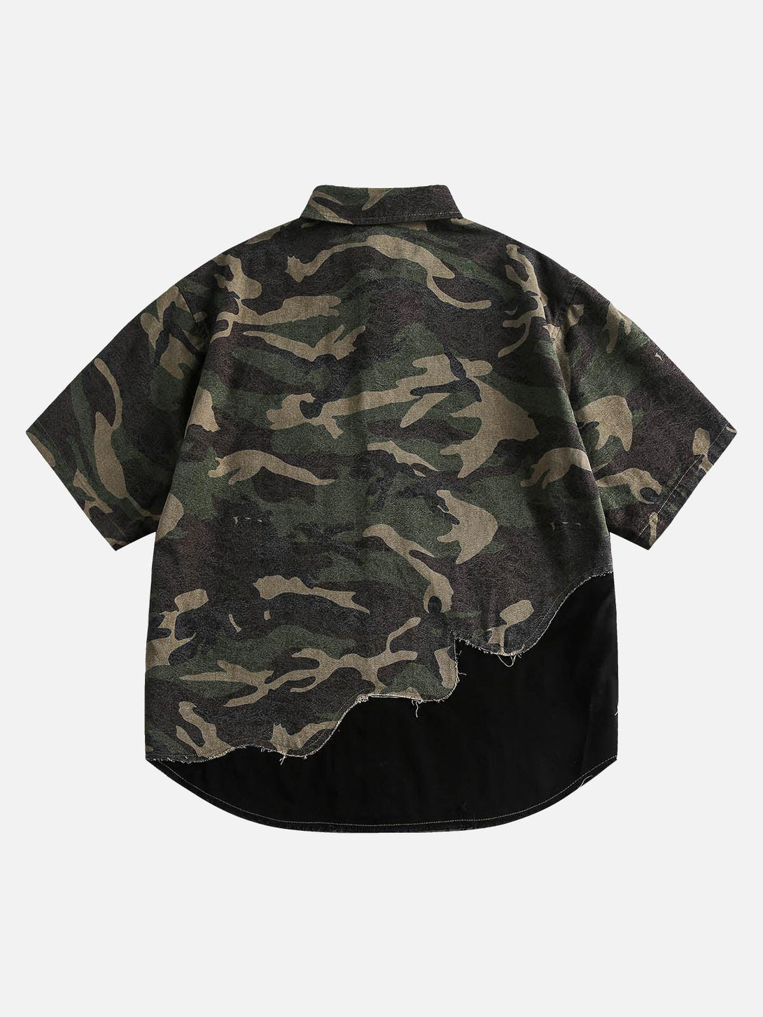 Back view of a TALISHKO camouflage short sleeve shirt featuring unique patchwork design.