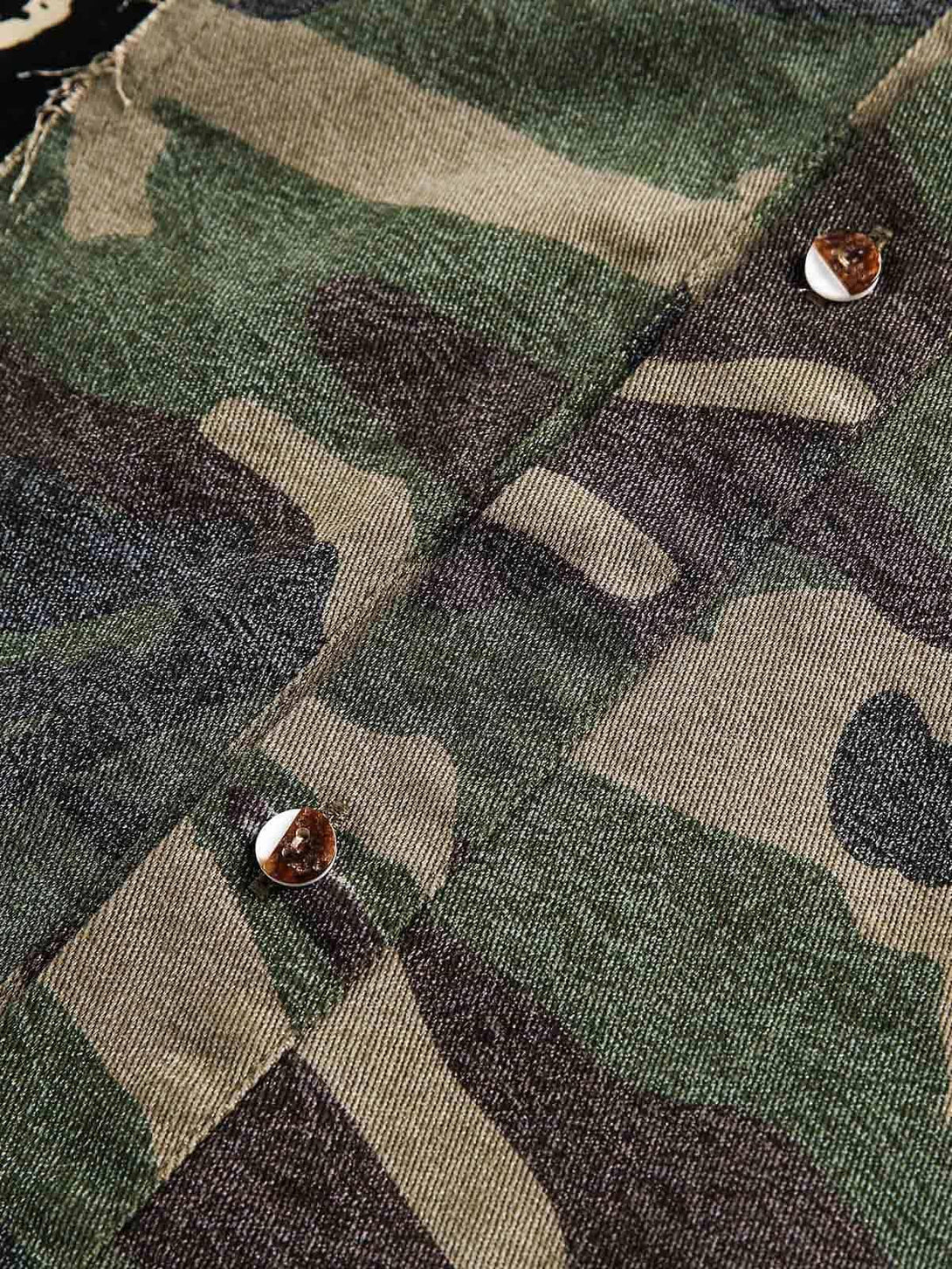 A detailed view of the TALISHKO camouflage shirt showcasing button and fabric texture.