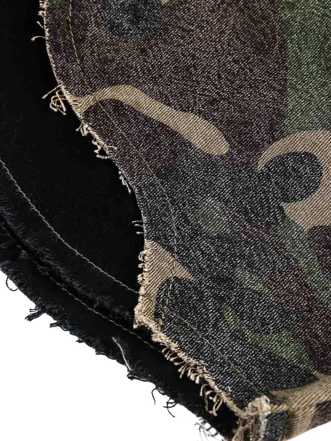 Detailed fabric and stitching on the TALISHKO camouflage shirt, highlighting patchwork texture.