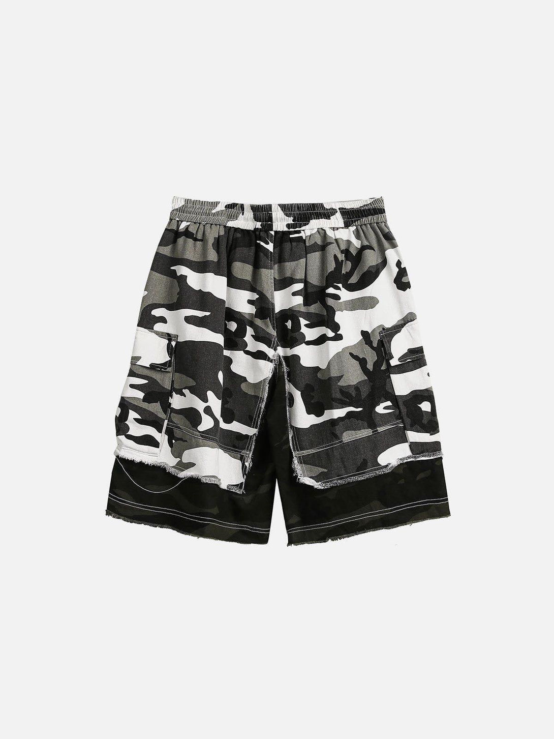 TALISHKO camouflage patchwork shorts, detailed view showing unique pattern and relaxed fit.
