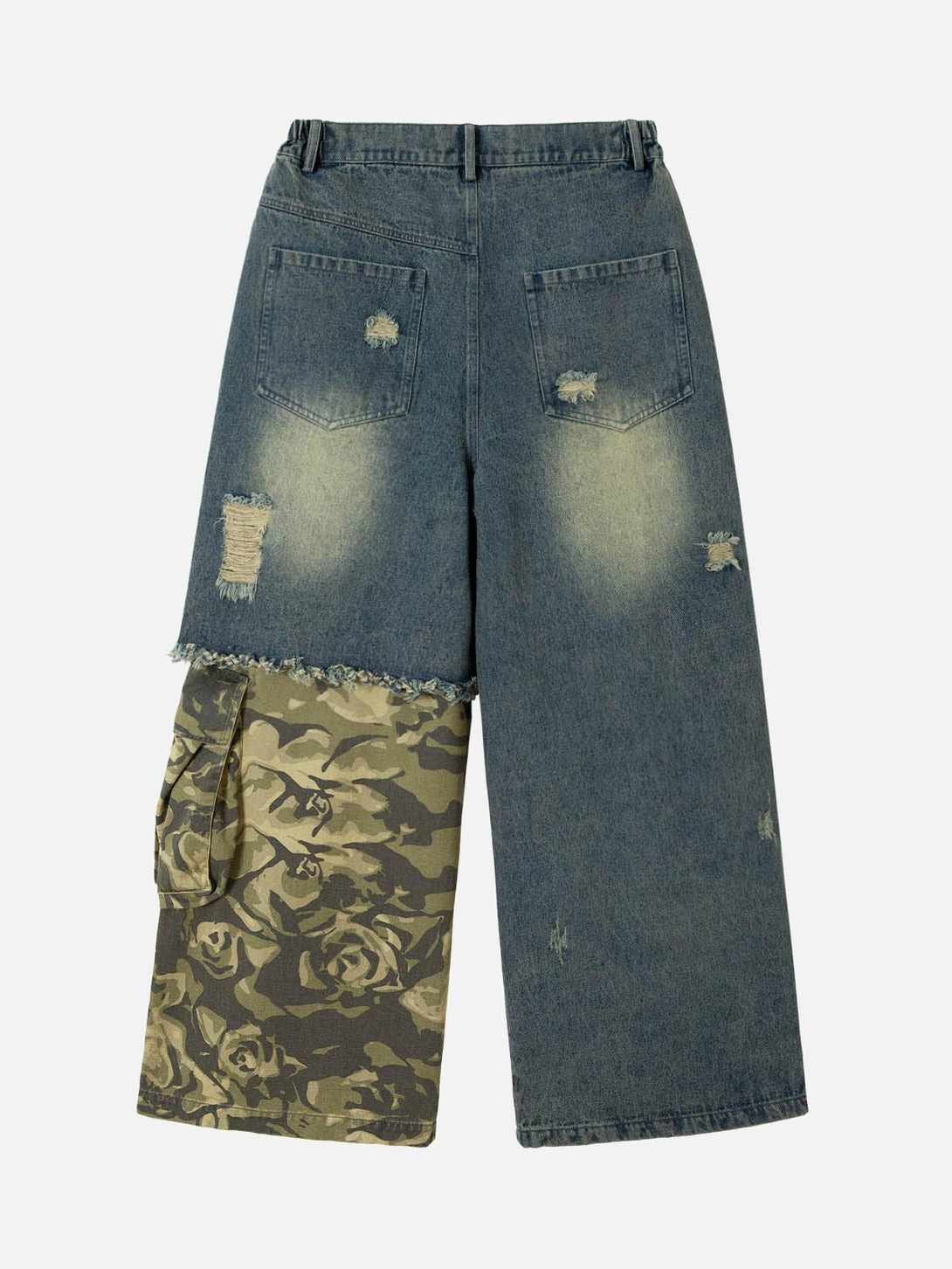 Back view of TALISHKO jeans featuring camouflage patchwork and distressed accents.