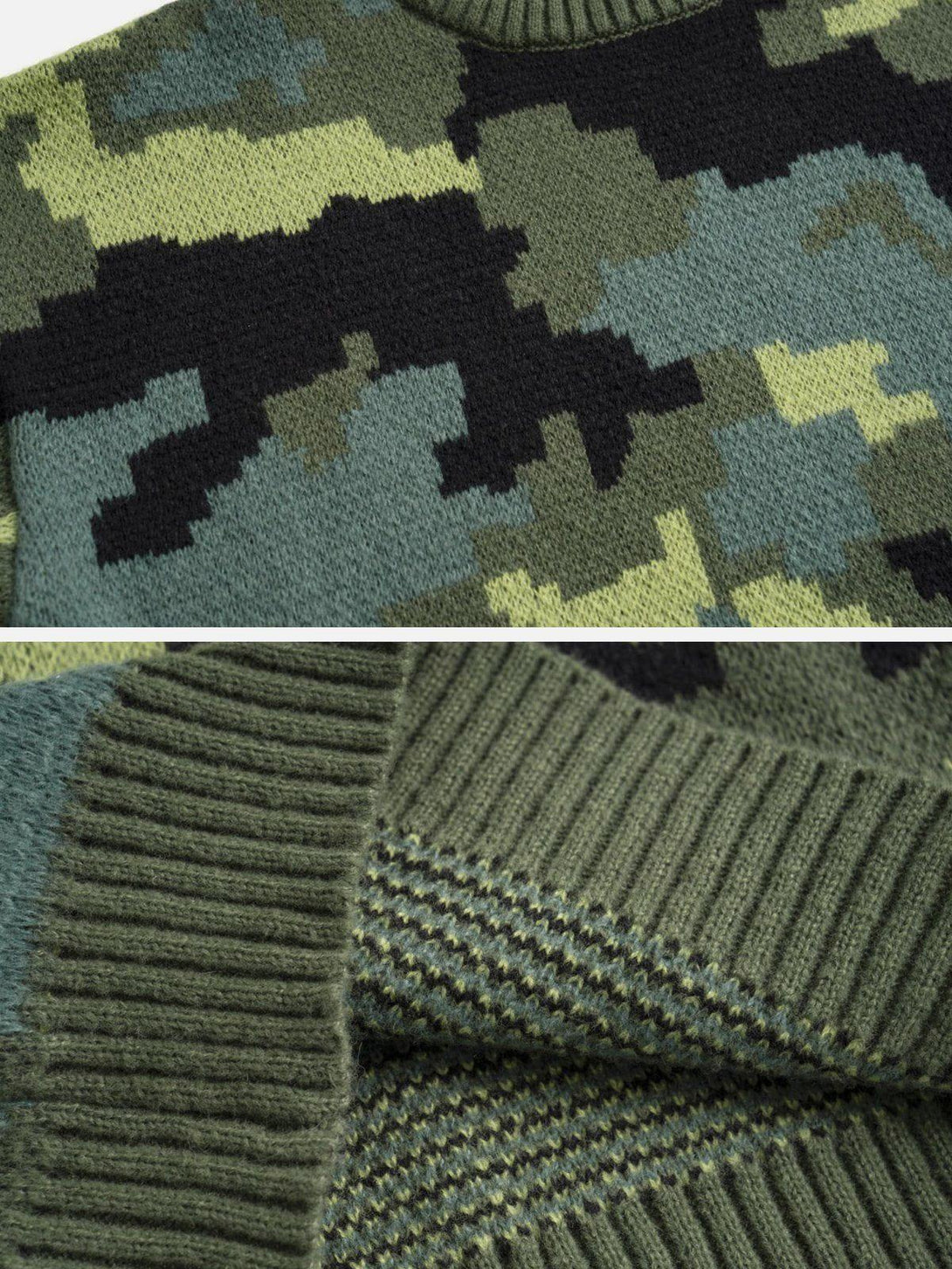 A detailed view of the camouflage print and texture on a TALISHKO sweater, highlighting its pattern.