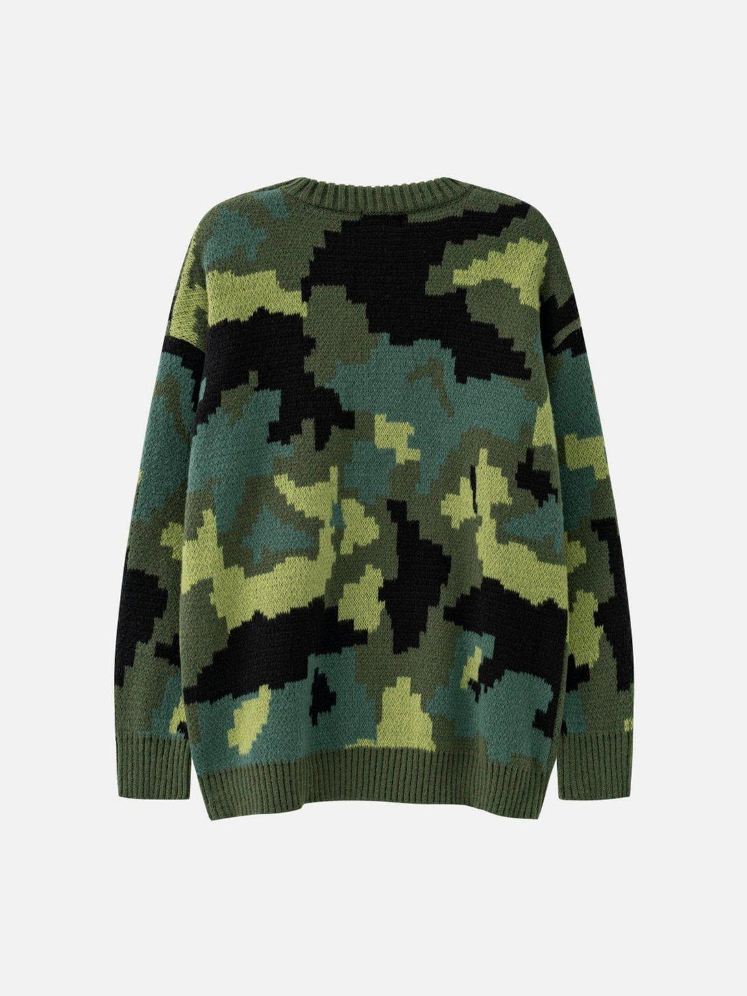 Back view of a stylish camouflage print sweater by TALISHKO, showcasing bold patterns.