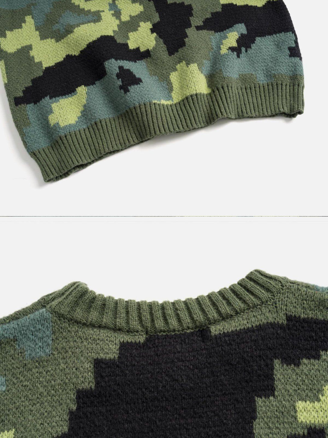 Texture and pattern showcased on a TALISHKO camouflage print sweater, highlighting intricate design.