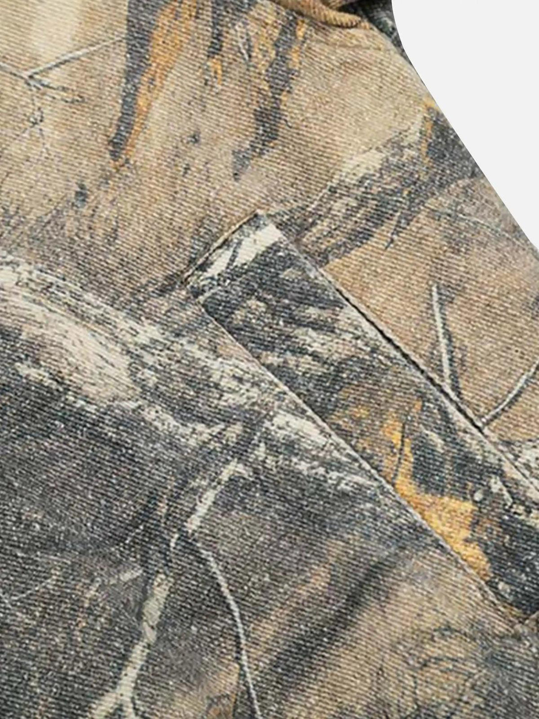 A detailed view of the camouflage pattern on a TALISHKO zip-up hoodie, highlighting texture.