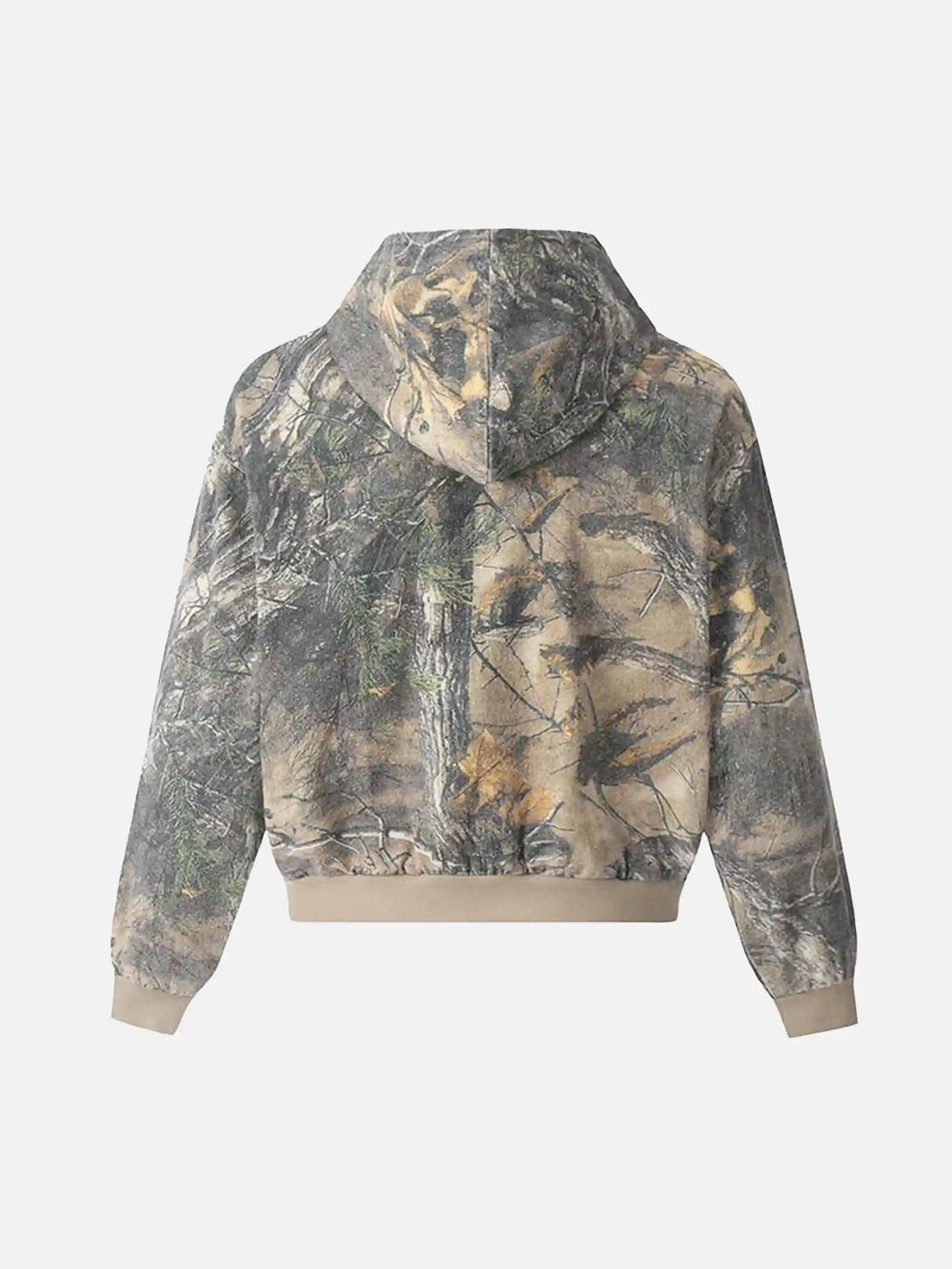 Back view of a camouflage print hoodie by TALISHKO, showcasing its outdoorsy style.