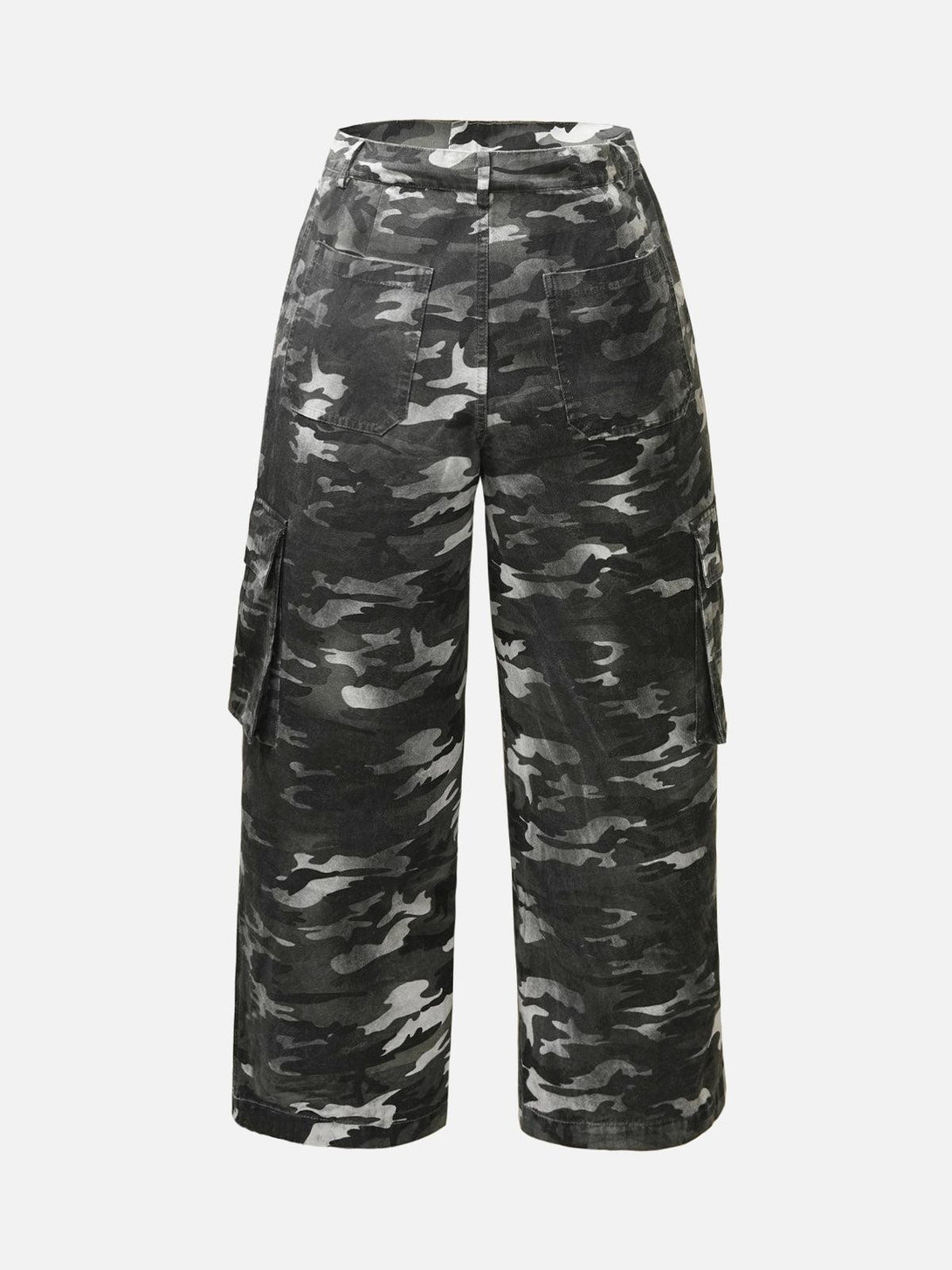 Back view of TALISHKO's retro camouflage cargo pants, highlighting multi-pocket details.