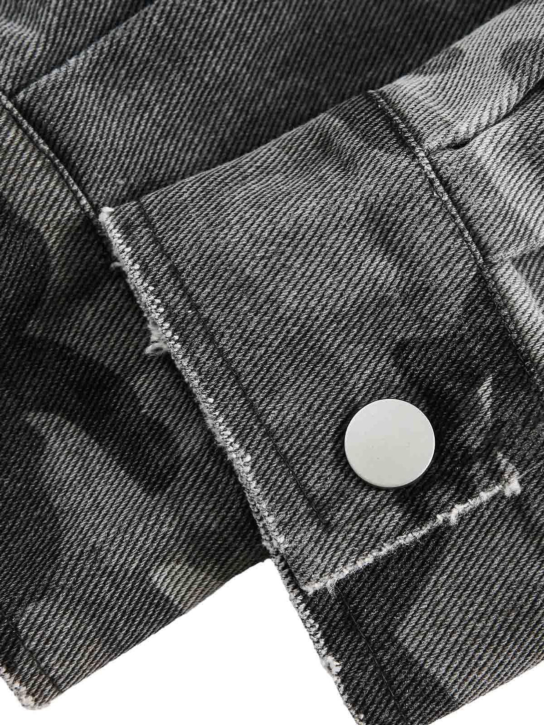 Intricate look at TALISHKO's denim shirt, featuring textured camouflage and metallic button detail.