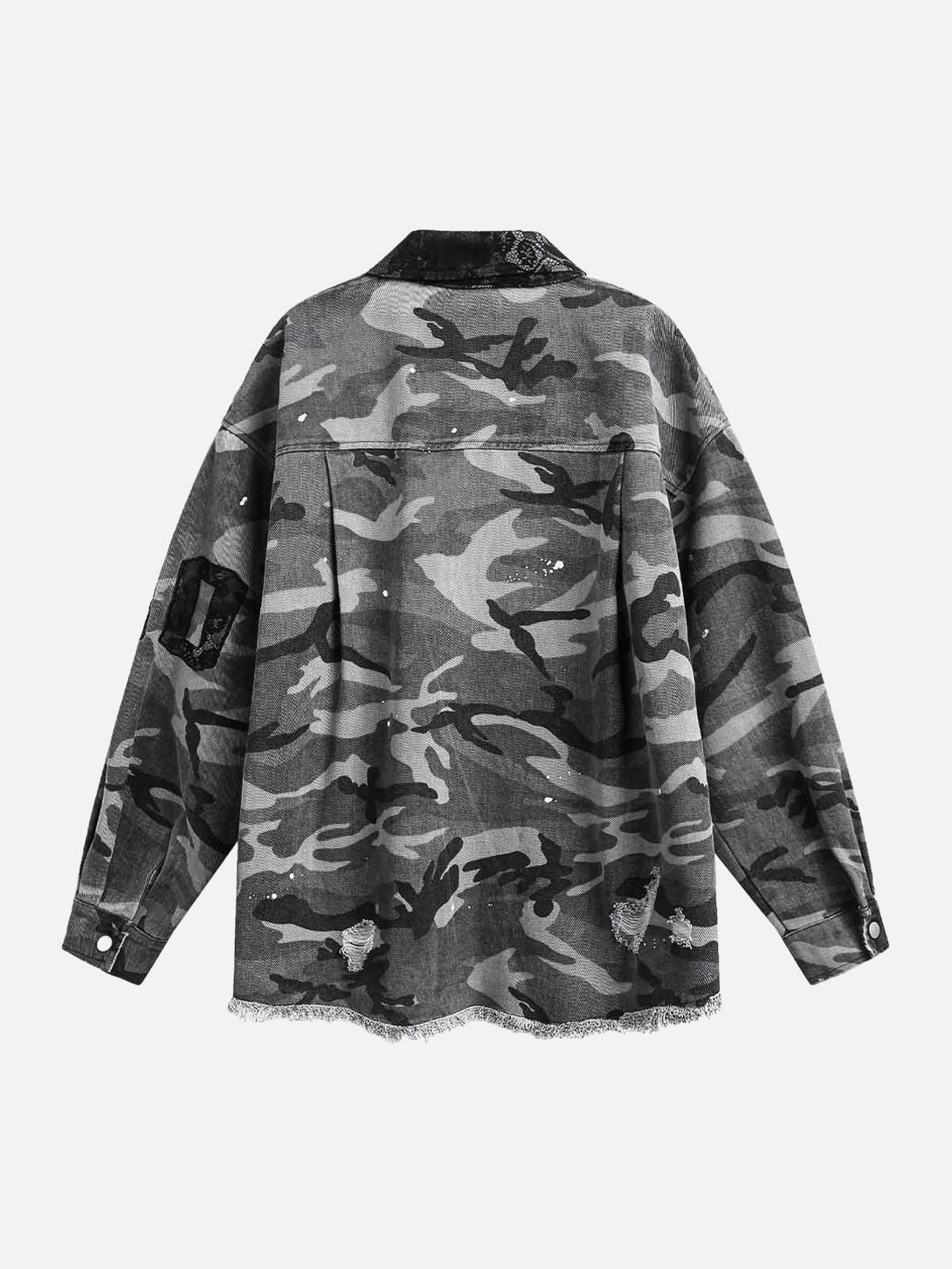 Back view of TALISHKO's camouflage ripped lace denim shirt, showcasing its unique design.