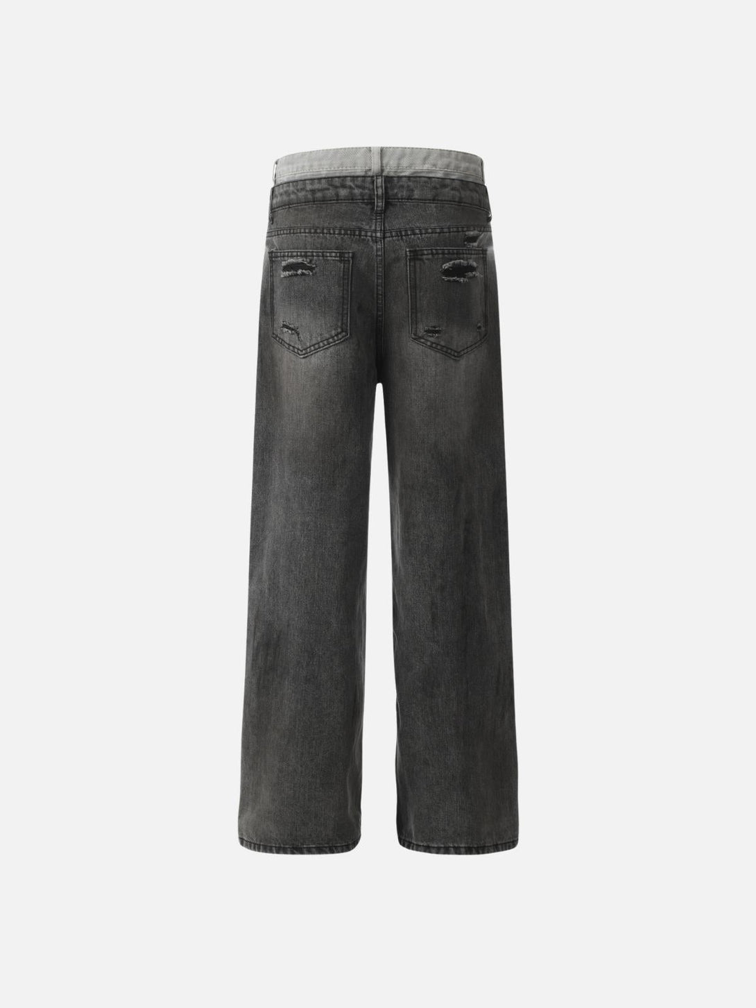 Back view of TALISHKO black sagging jeans with distressed pockets and a relaxed, casual fit.