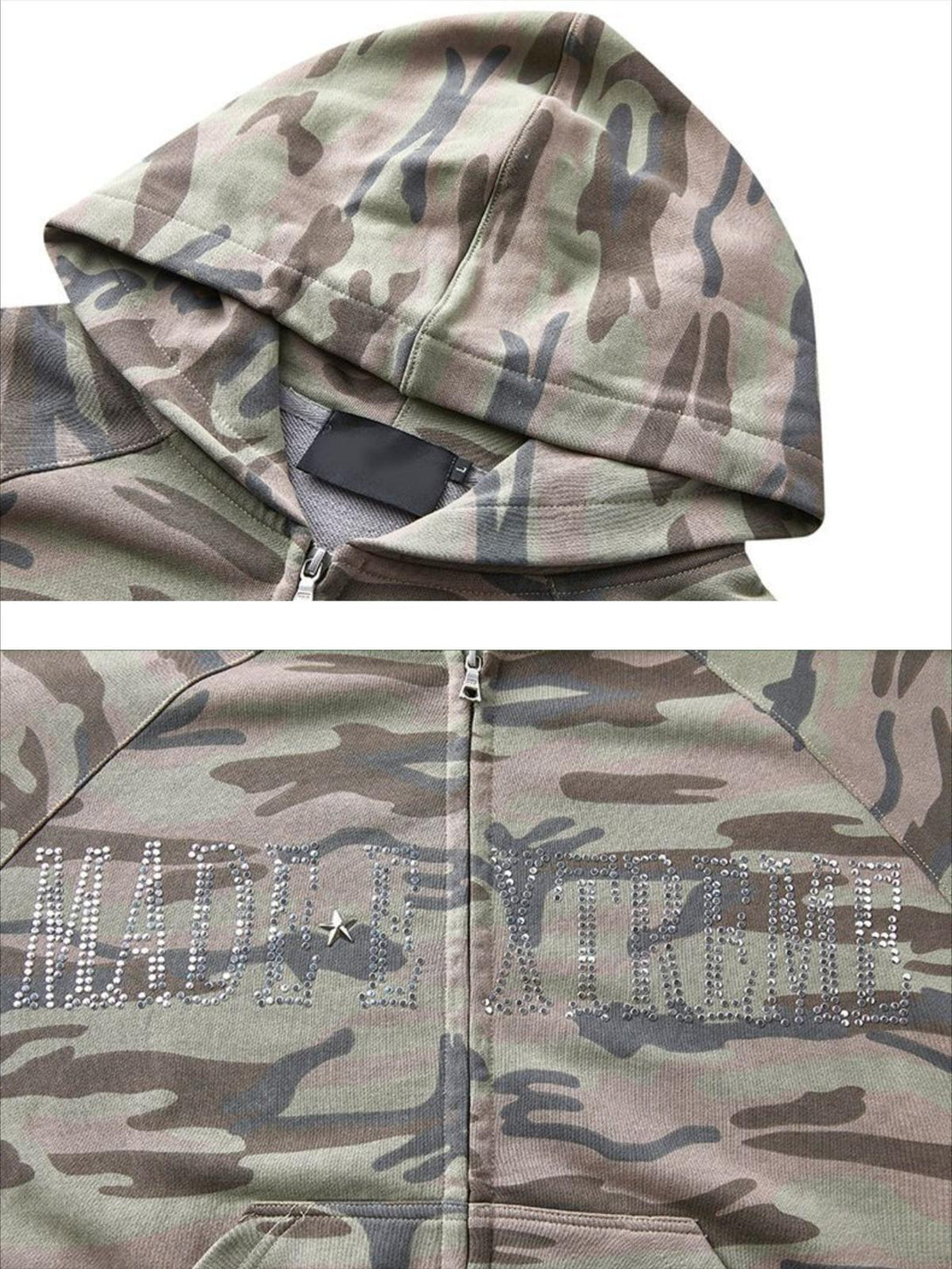 Close-up of TALISHKO hoodie hood and sequin lettering, showcasing its unique camouflage design.