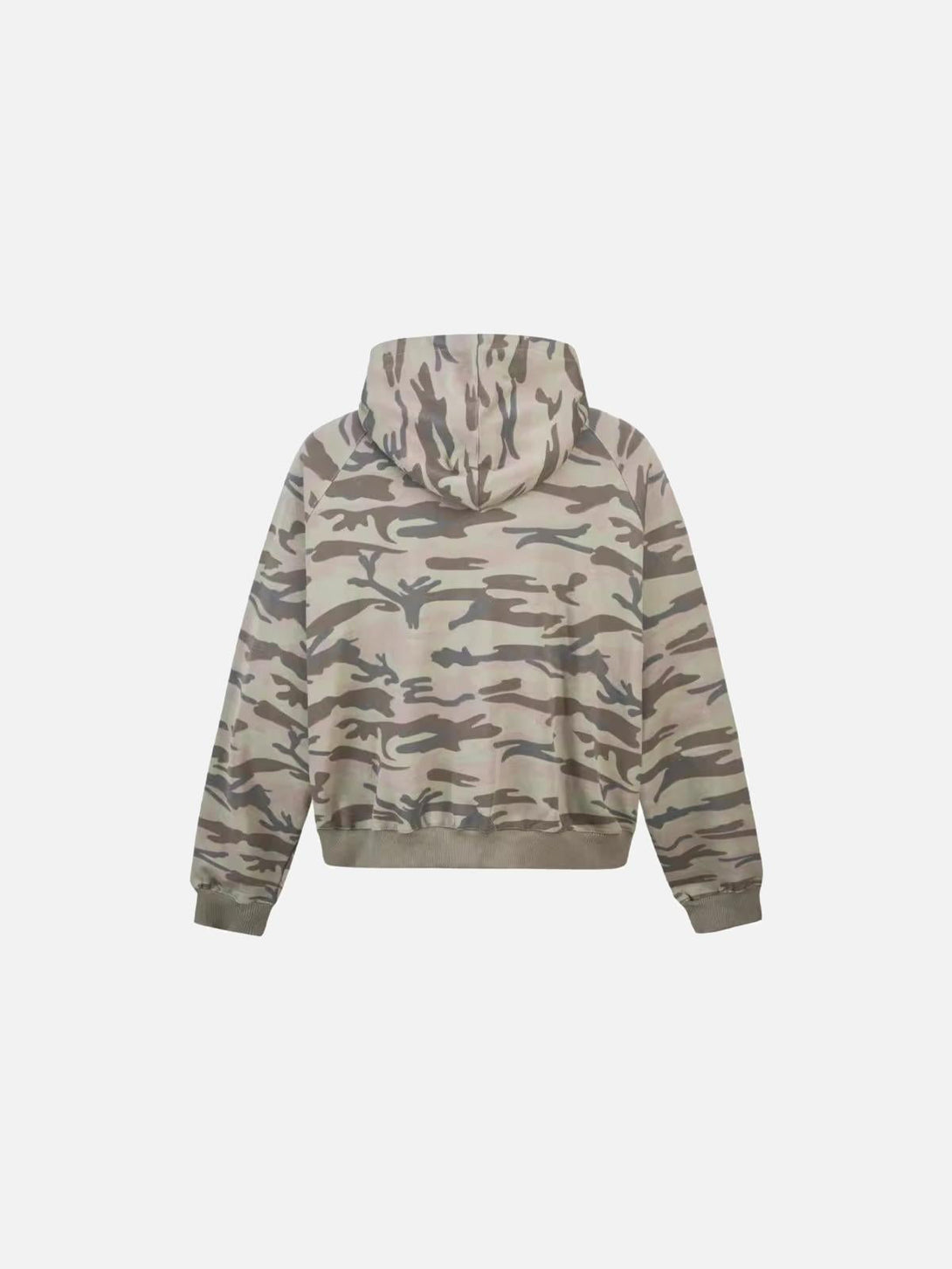 Back view of a camouflage zipper hoodie by TALISHKO, featuring a relaxed fit and stylish design.