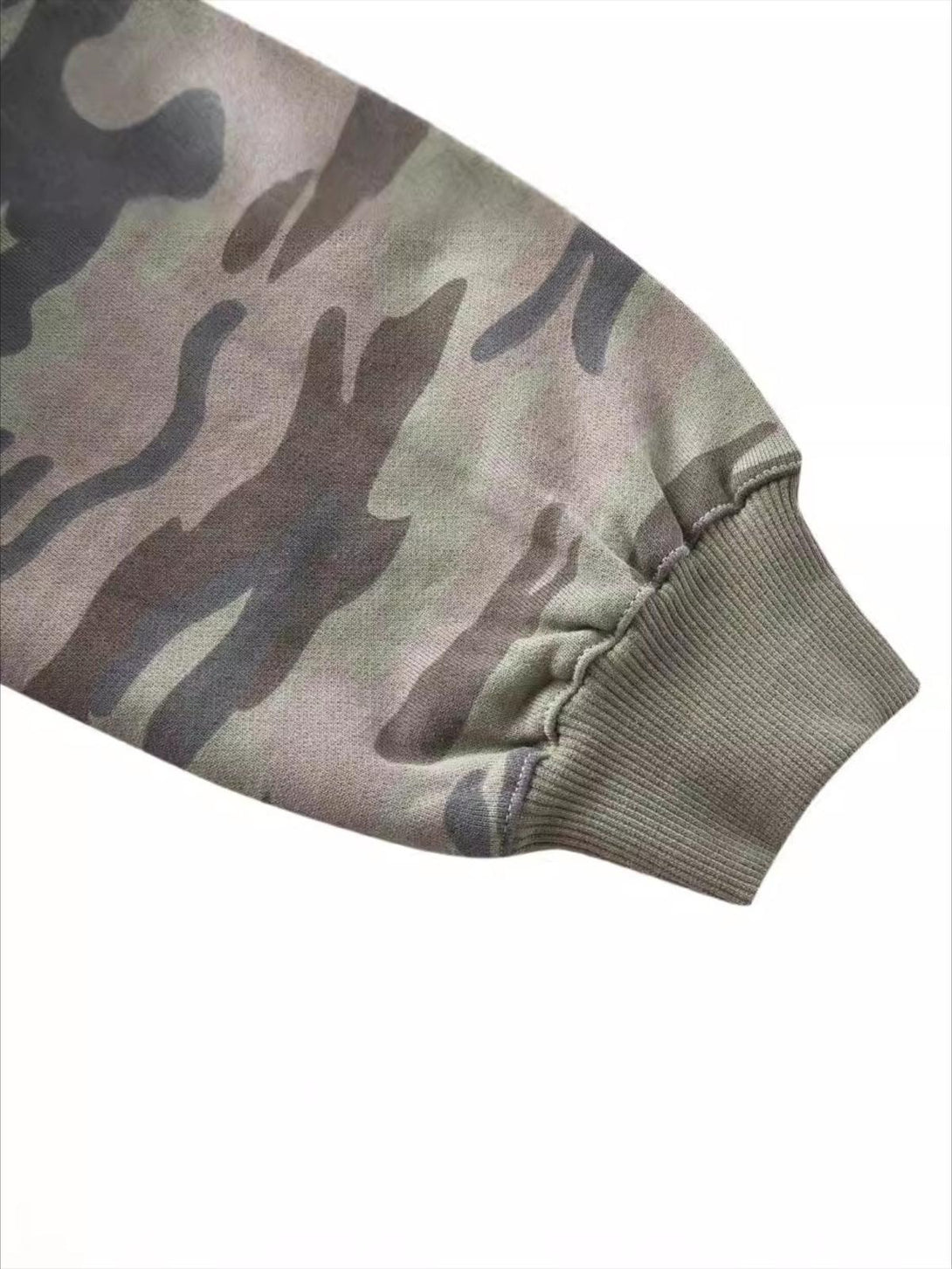 Zoomed-in sleeve detail of TALISHKO camouflage hoodie, showcasing its ribbed cuff and texture.