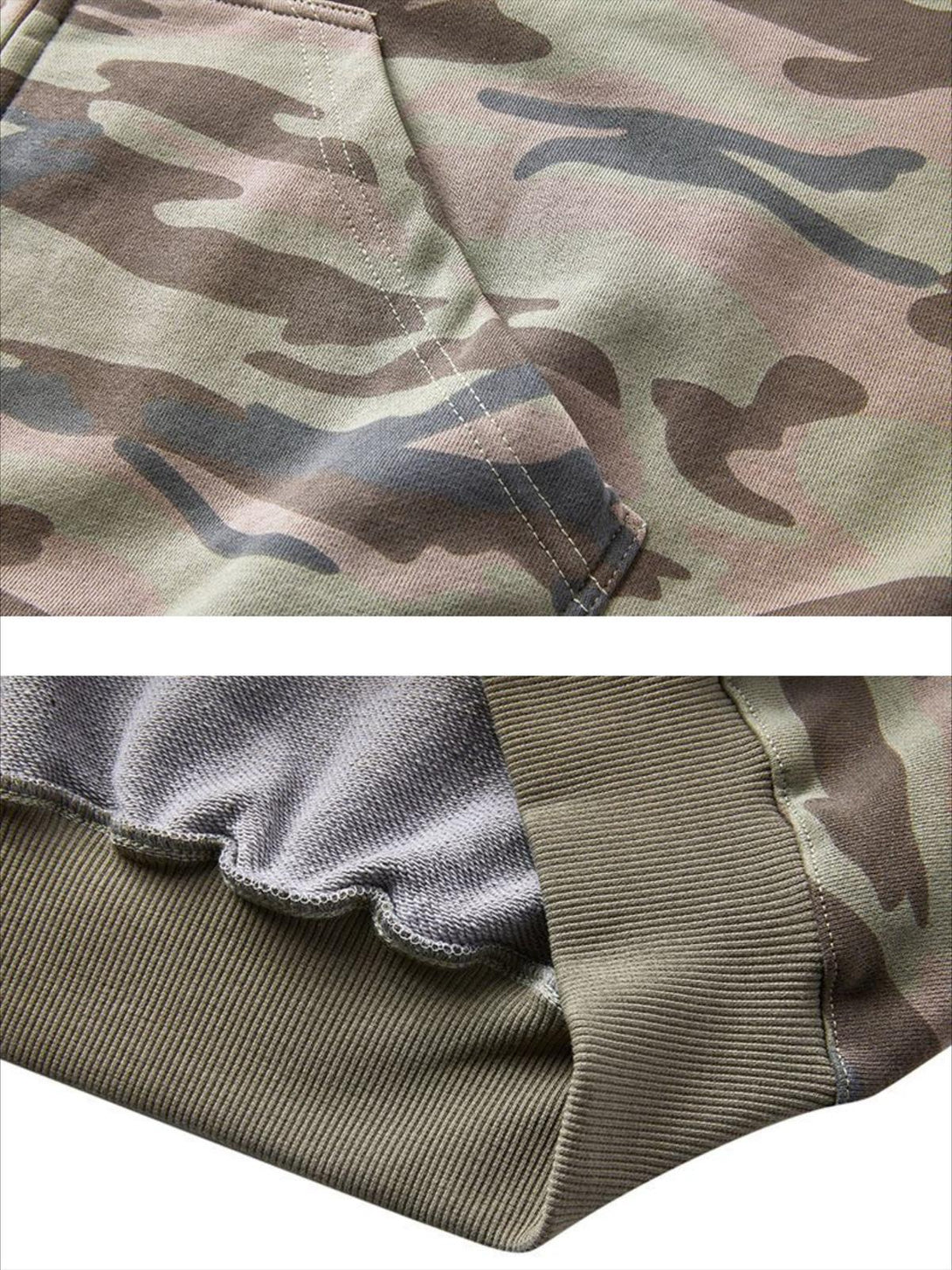 Detailed fabric and stitching of TALISHKO camouflage hoodie pocket and ribbed hem.