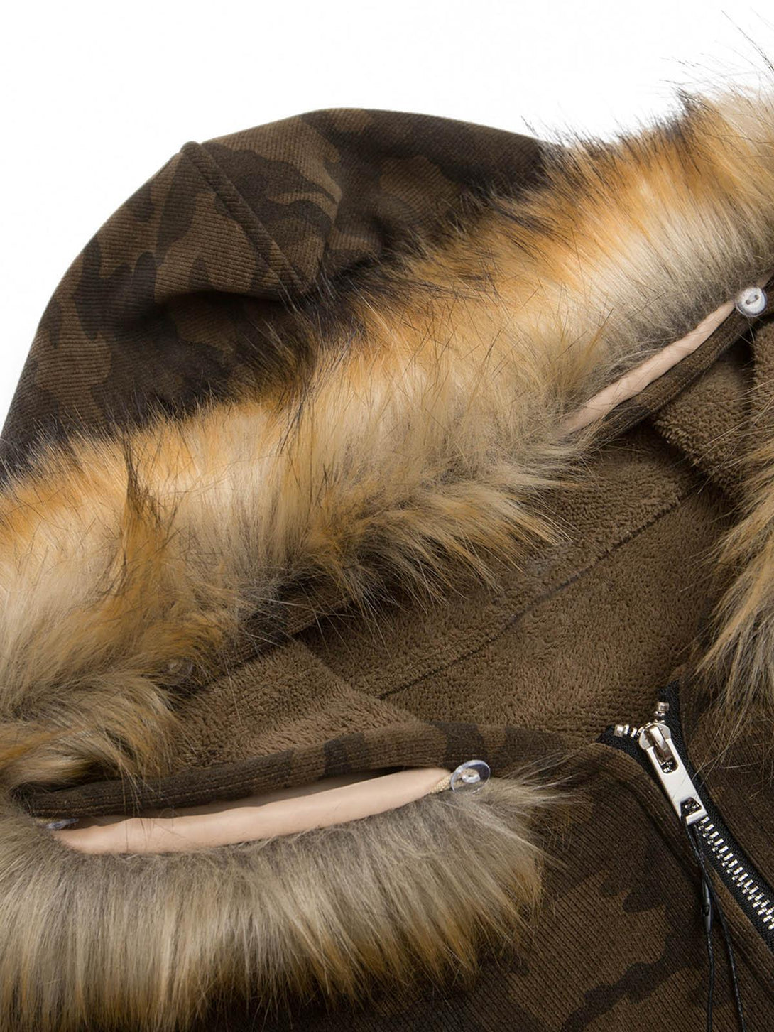 Focusing on the camouflage pattern and fur hood detail of TALISHKO's fleece jacket.