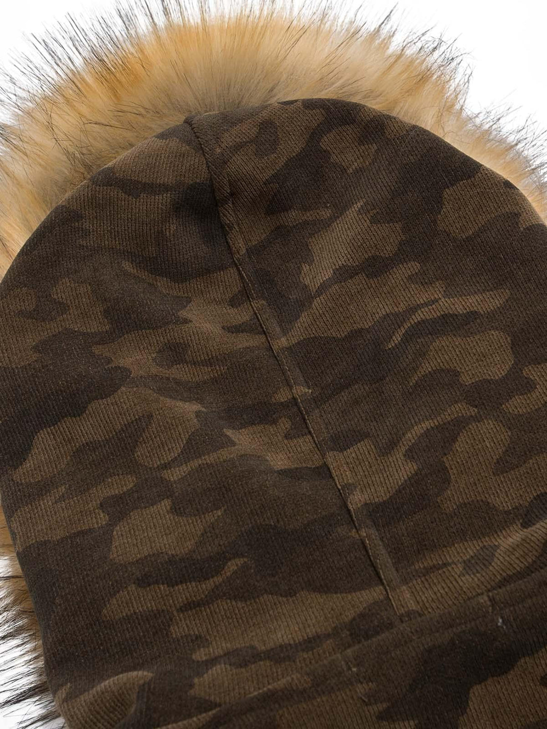 Zoomed-in view of TALISHKO's camouflage fleece jacket showcasing fur hood detail.