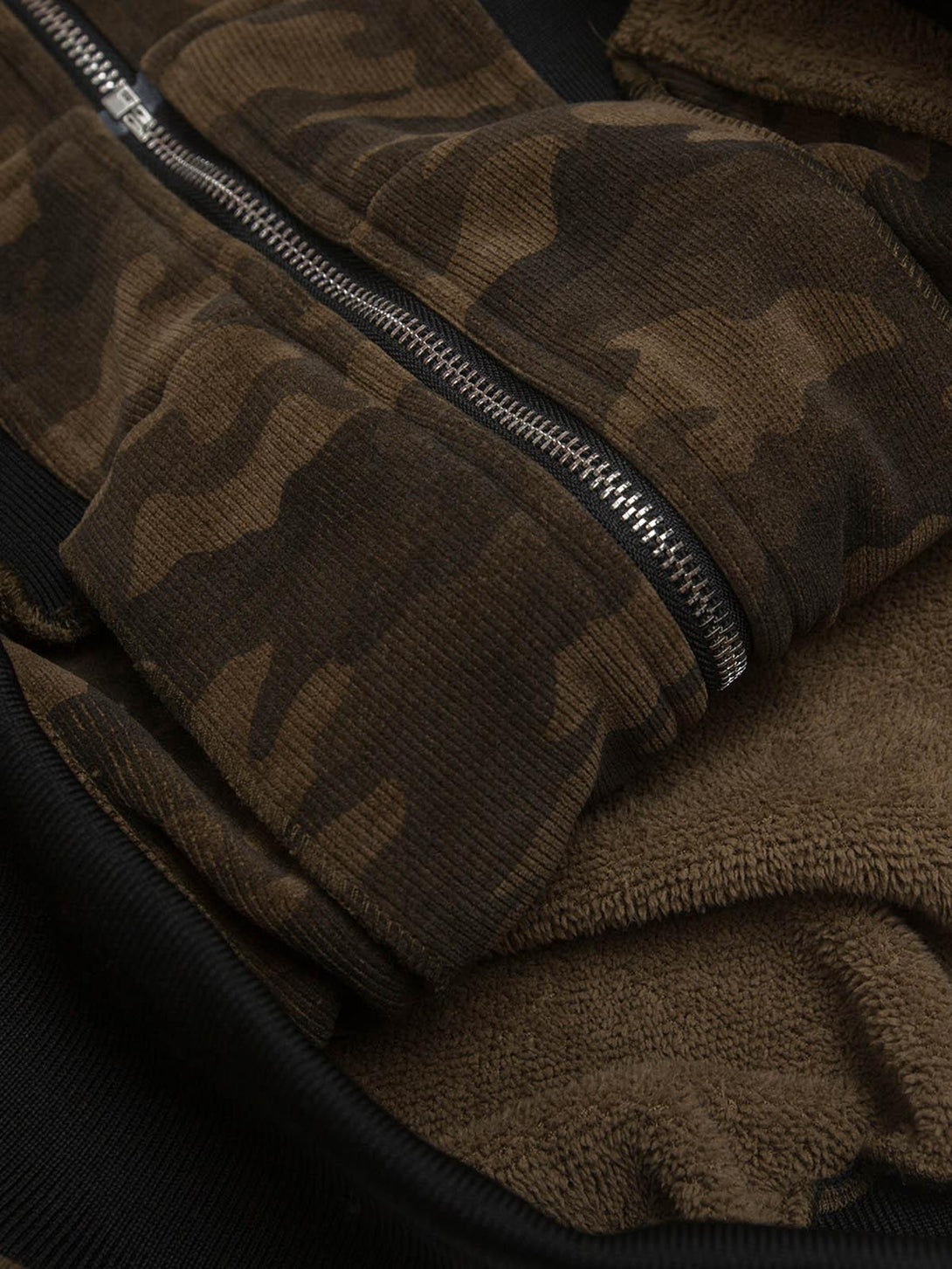 Detailed texture and zipper of TALISHKO's camouflage fleece jacket, highlighting its rugged style.