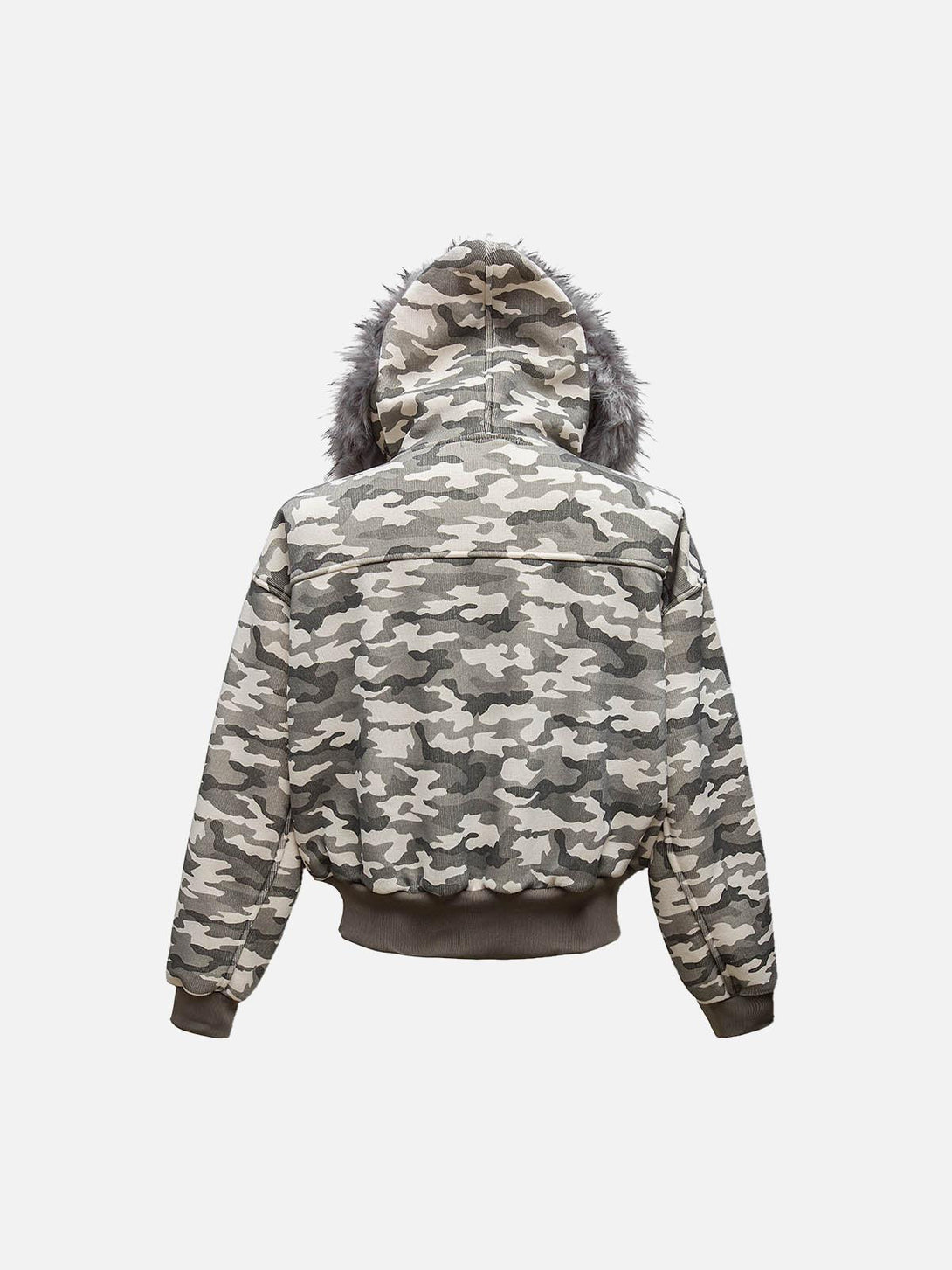 Back view of camouflage fleece jacket with fur hood by TALISHKO, showcasing unique style.
