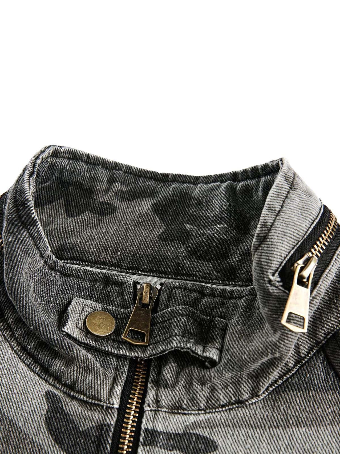 A detailed view of TALISHKO military jacket's stand collar and zipper, showcasing rugged texture.