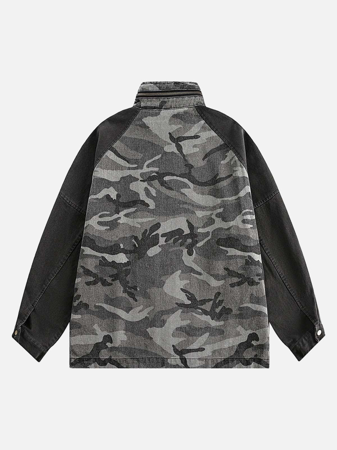 Back view of TALISHKO military jacket featuring gray camouflage and contrasting black sleeves.