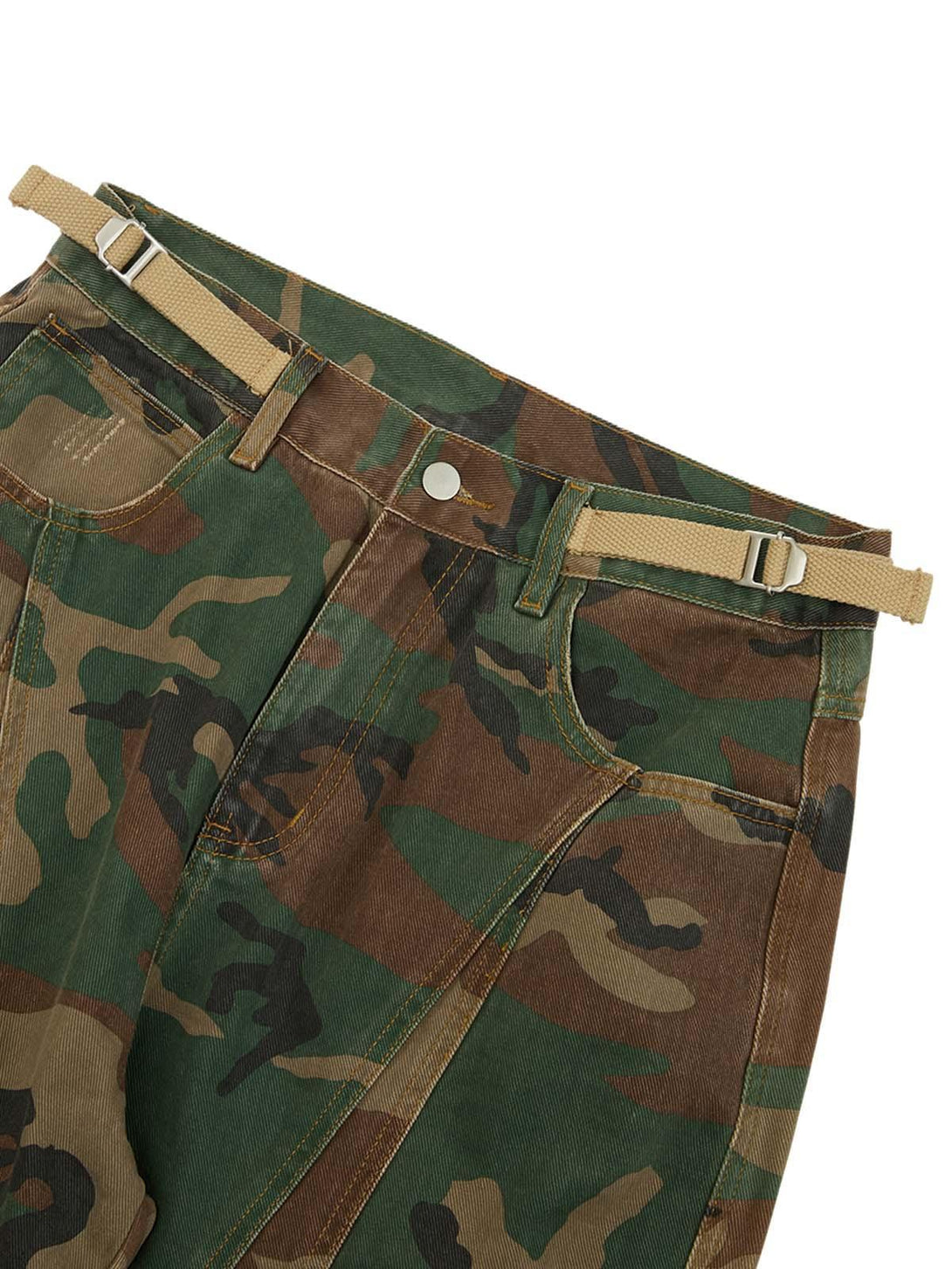 Intricate look at TALISHKO's camouflage pleated pants, featuring adjustable belt details.