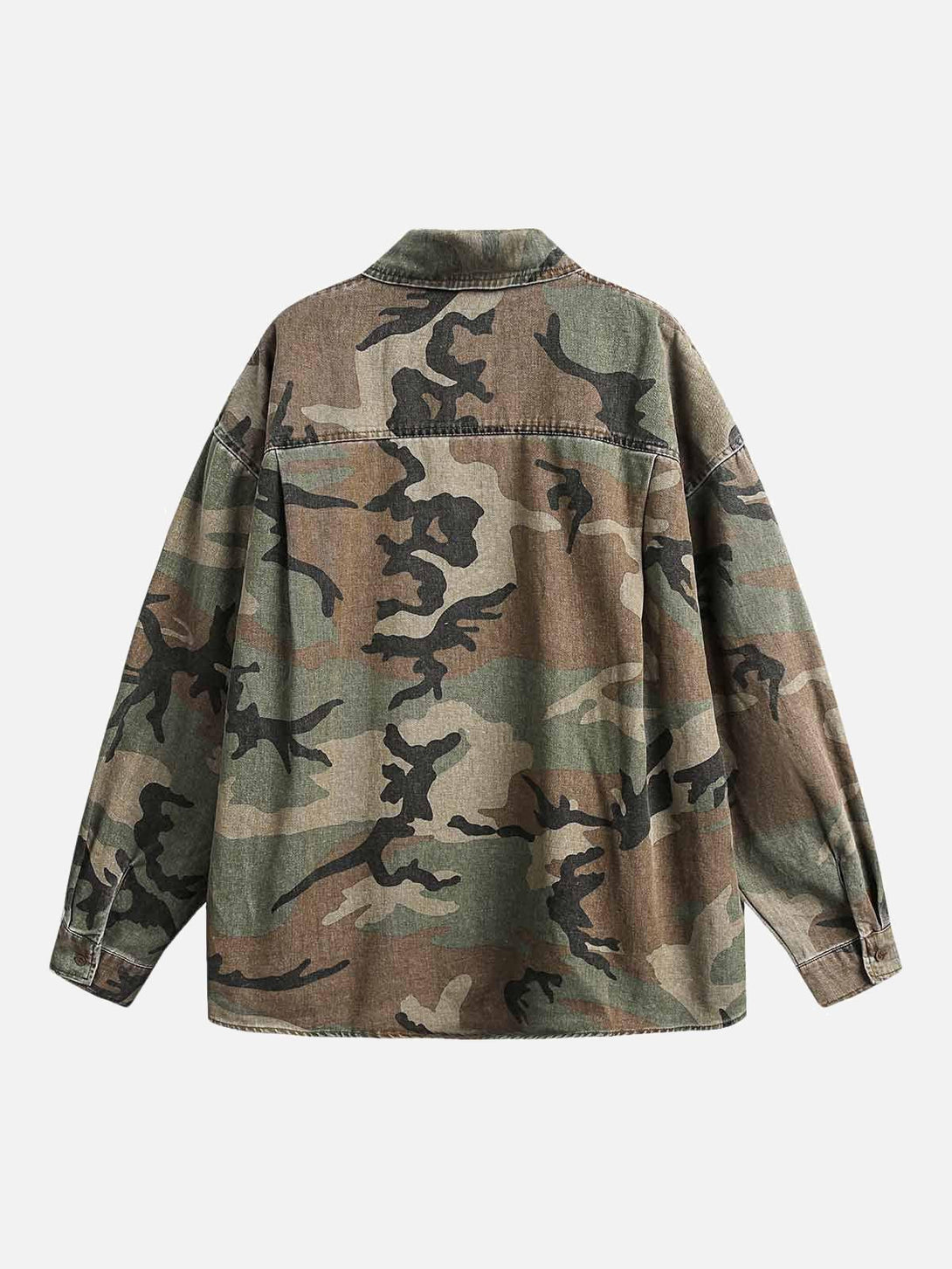Back view of a camouflage denim shirt with a distressed look, designed by TALISHKO.