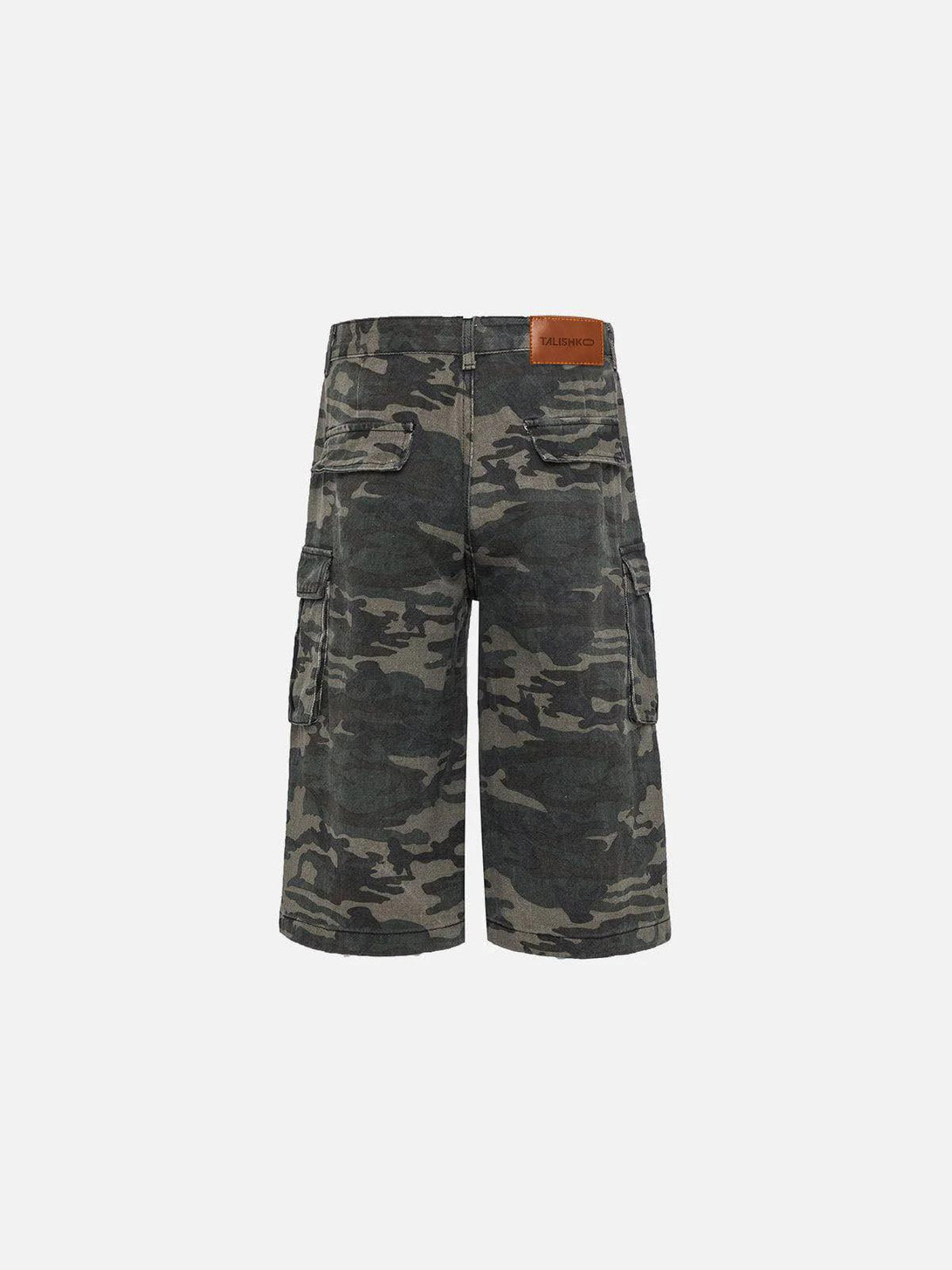 Back view of TALISHKO's camo longline jorts, showcasing a rugged, versatile style.