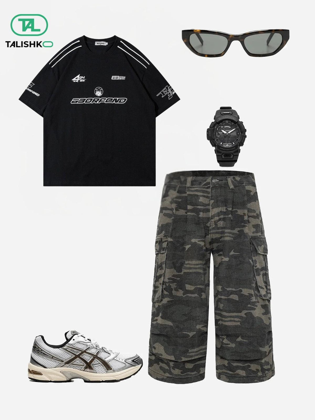 Urban streetwear ensemble featuring black tee, camo jorts, and sneakers by TALISHKO.